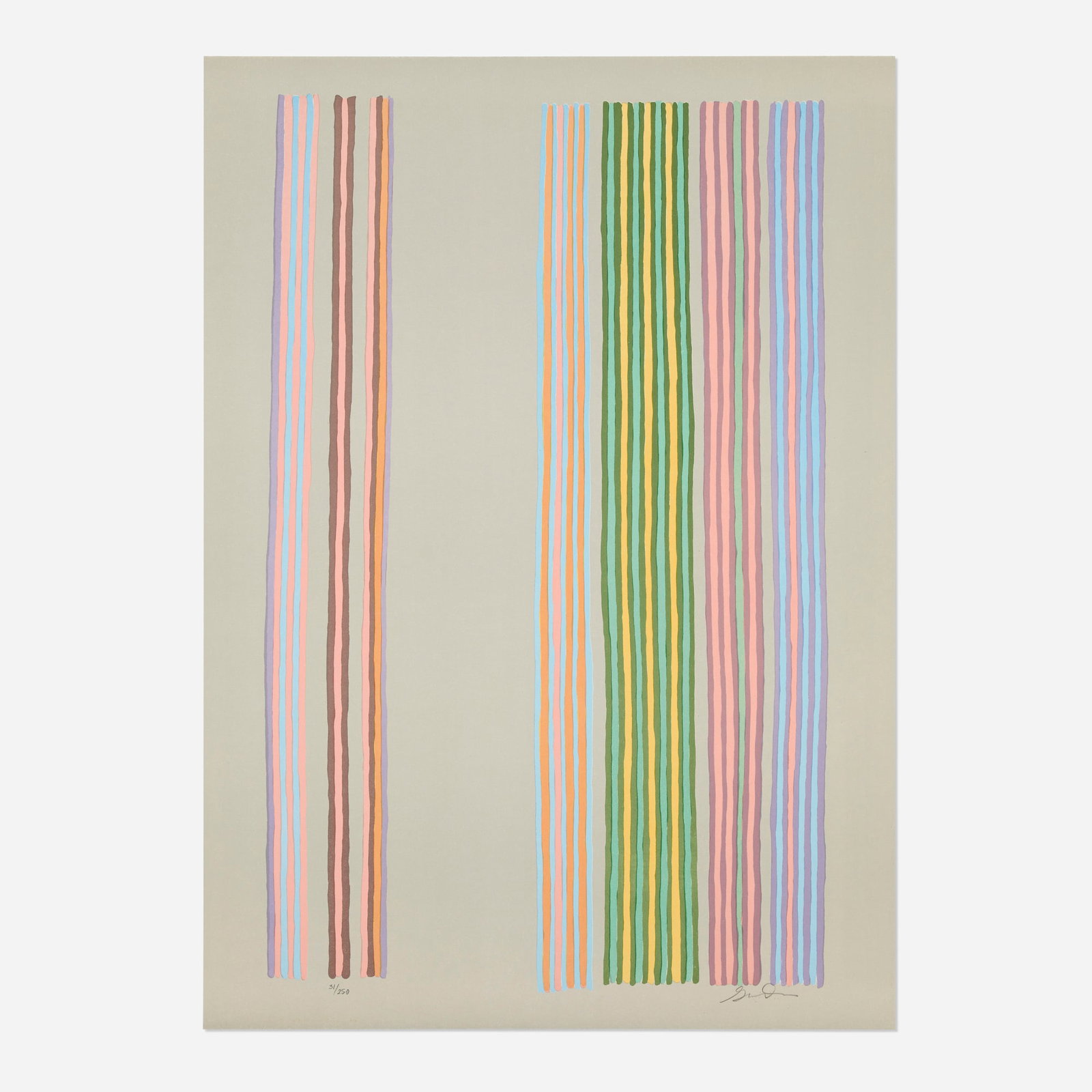 Gene Davis, Royal Curtain: Gene Davis Royal Curtain 1980 screenprint in colors 29.875 h x 21.25 w in (76 x 54 cm) Signed and numbered to lower edge '31/250 Gene Davis'. This work is number 31 from the edition of 250