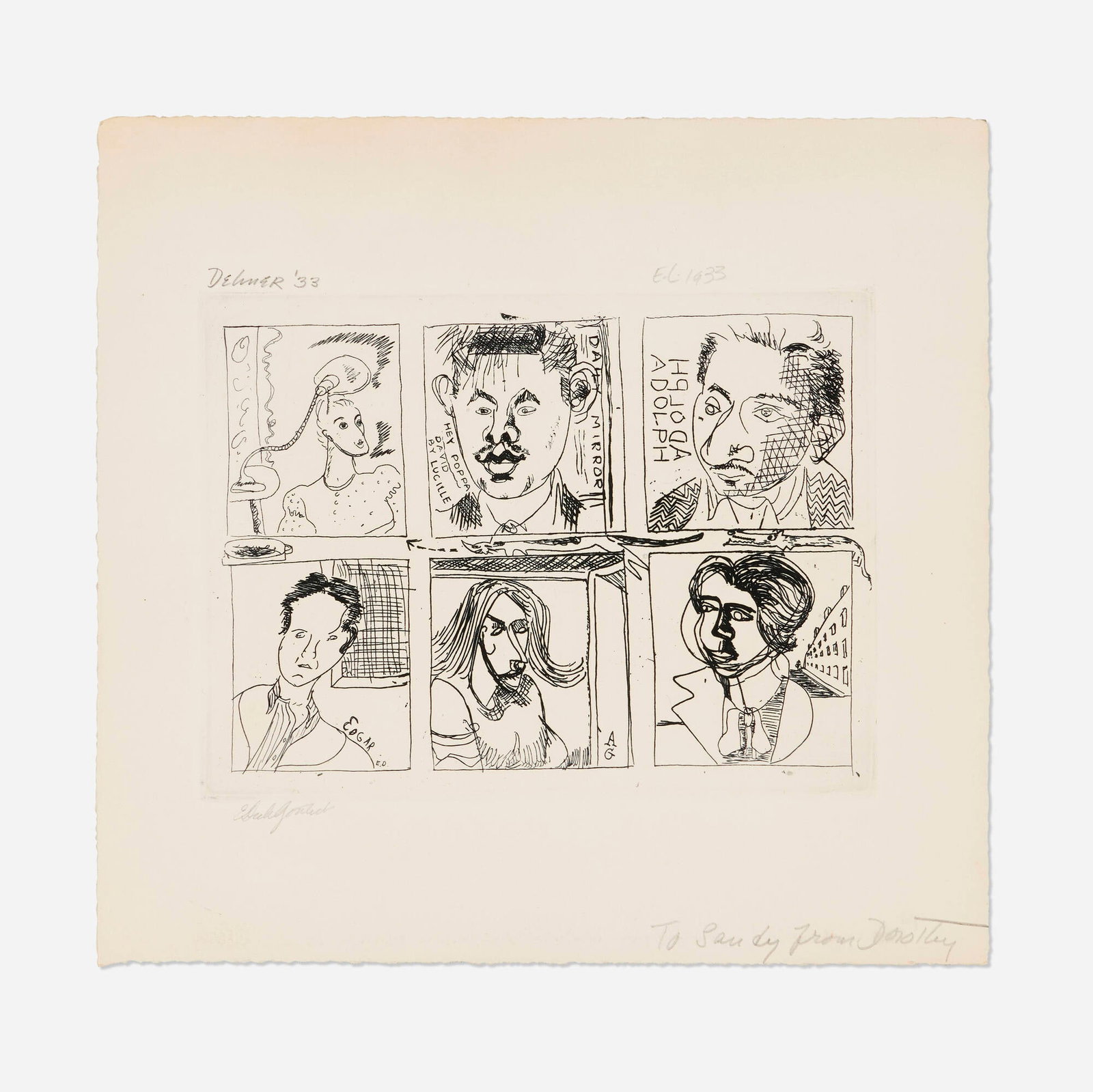 Dorothy Dehner and Various Artists, Six Artists Etching: Dorothy Dehner and Various Artists Six Artists Etching 1933 / 1974 etching image: 5.875 h x 7.875 w in (15 x 20 cm) sheet: 9.875 h x 10.375 w in (25 x 26 cm) This work is comprised of six po