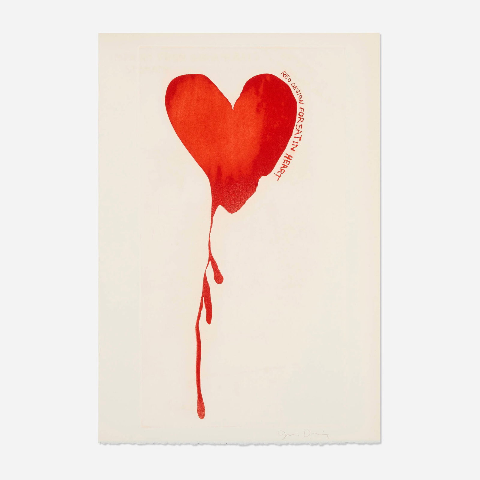 Jim Dine, Red Design for Satin Heart (from The Picture of Dorian Gray portfolio): Jim Dine Red Design for Satin Heart (from The Picture of Dorian Gray portfolio) 1963 etching on Velin d'Arches image: 16.25 h x 8.625 w in (41 x 22 cm) sheet: 17.625 h x 12 w in (45 x 30 cm) Signed