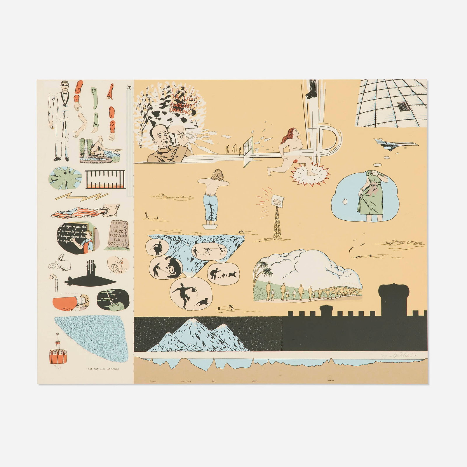 Oyvind Fahlstrom, Eddie (Sylvie's Brother) in the Desert (from the New York International portfolio): Oyvind Fahlstrom Eddie (Sylvie's Brother) in the Desert (from the New York International portfolio) 1966 screenprint in colors 17 h x 21.75 w in (43 x 55 cm) Signed, dated and numbered to lower edge