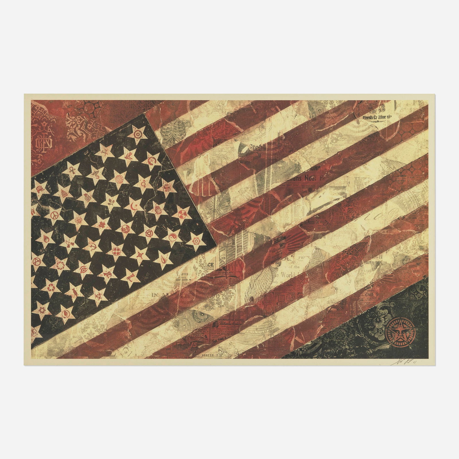Shepard Fairey, May Day - Flag 1: Shepard Fairey May Day - Flag 1 2011 offset lithograph in colors image: 22.375 h x 34.5 w in (57 x 88 cm) sight: 23.5 h x 35.625 w in (60 x 90 cm) Signed and dated to lower edge 'Shepard Fairey 11'.