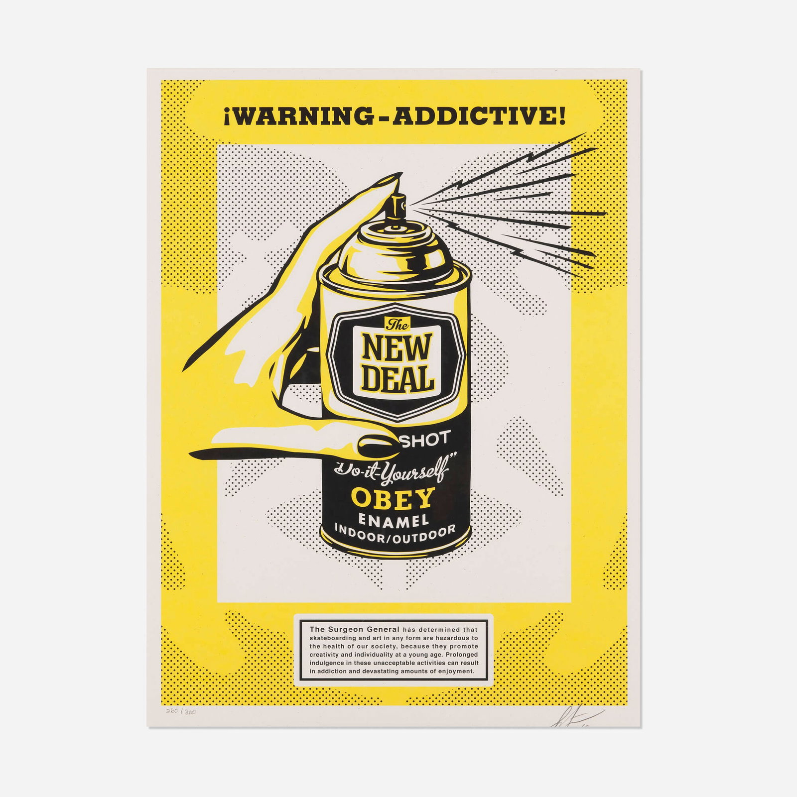 Shepard Fairey, Warning-Addictive!: Shepard Fairey Warning-Addictive! 2019 screenprint in colors image: 22.25 h x 16.625 w in (57 x 42 cm) sight: 23.625 h x 17.625 w in (60 x 45 cm) Signed, dated and numbered to lower edge '260/300
