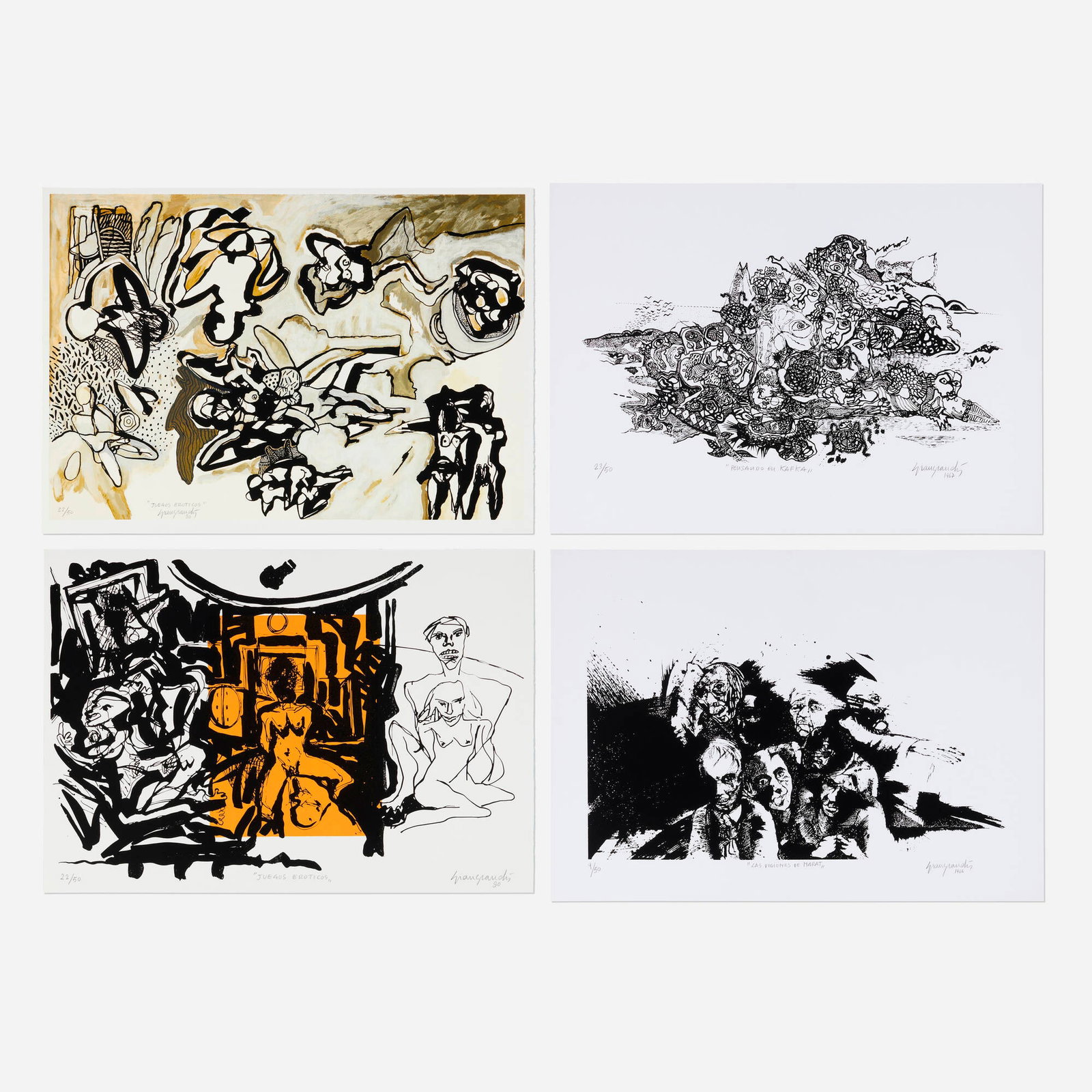 Umberto Giangrandi, Four works: Umberto Giangrandi Four works 1966, 1967, 1980 screenprint in colors sheet (each): 19.625 h x 27.625 w in (50 x 70 cm) image (smallest): 13.25 h x 26.75 w in (34 x 68 cm) image (largest): 18.5 h