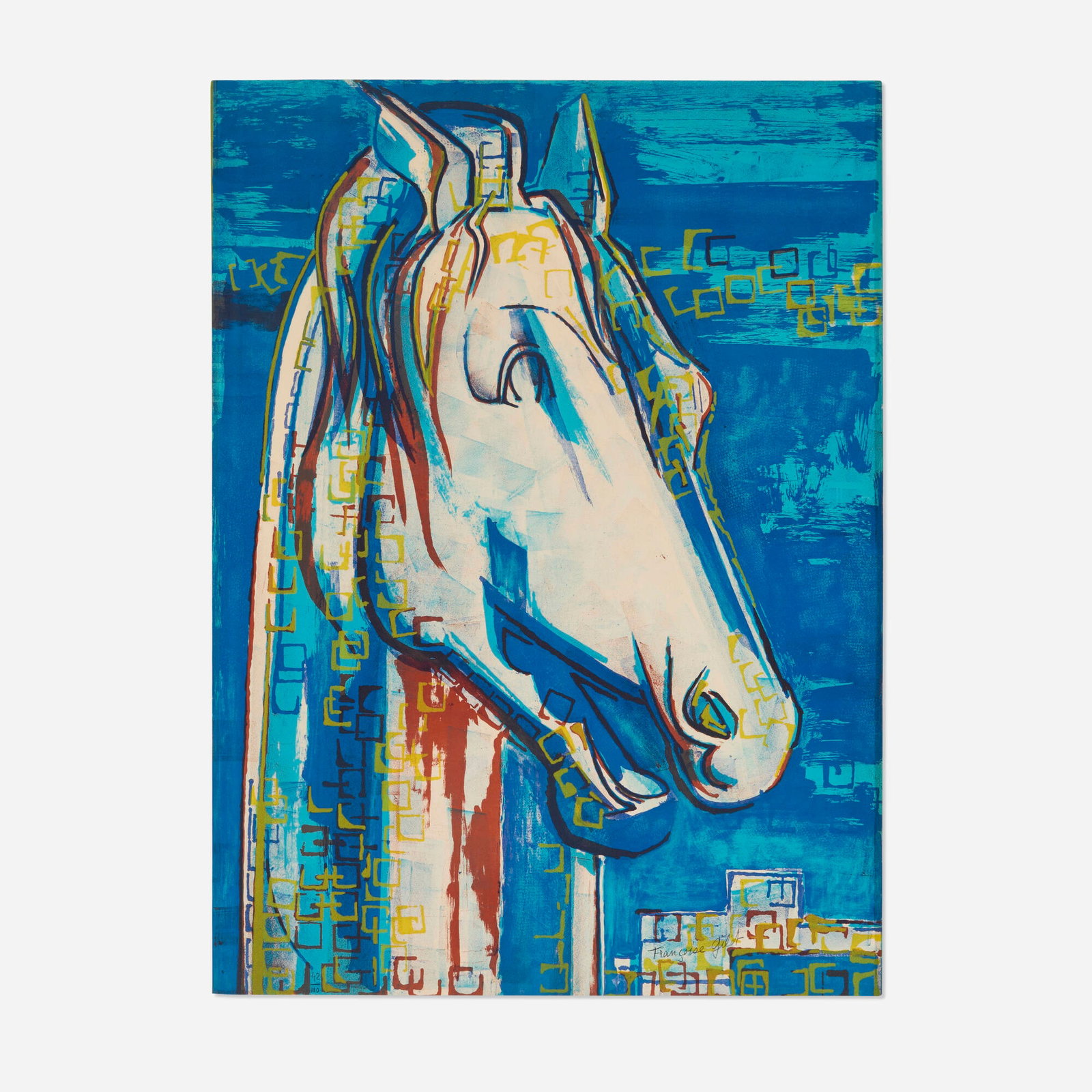 Francoise Gilot, The Greek Horse: Francoise Gilot The Greek Horse 1969 lithograph in colors sight: 29.375 h x 21.5 w in (75 x 55 cm) Signed and numbered to lower edge '42/100 Francoise Gilot'. This work is number 42 from