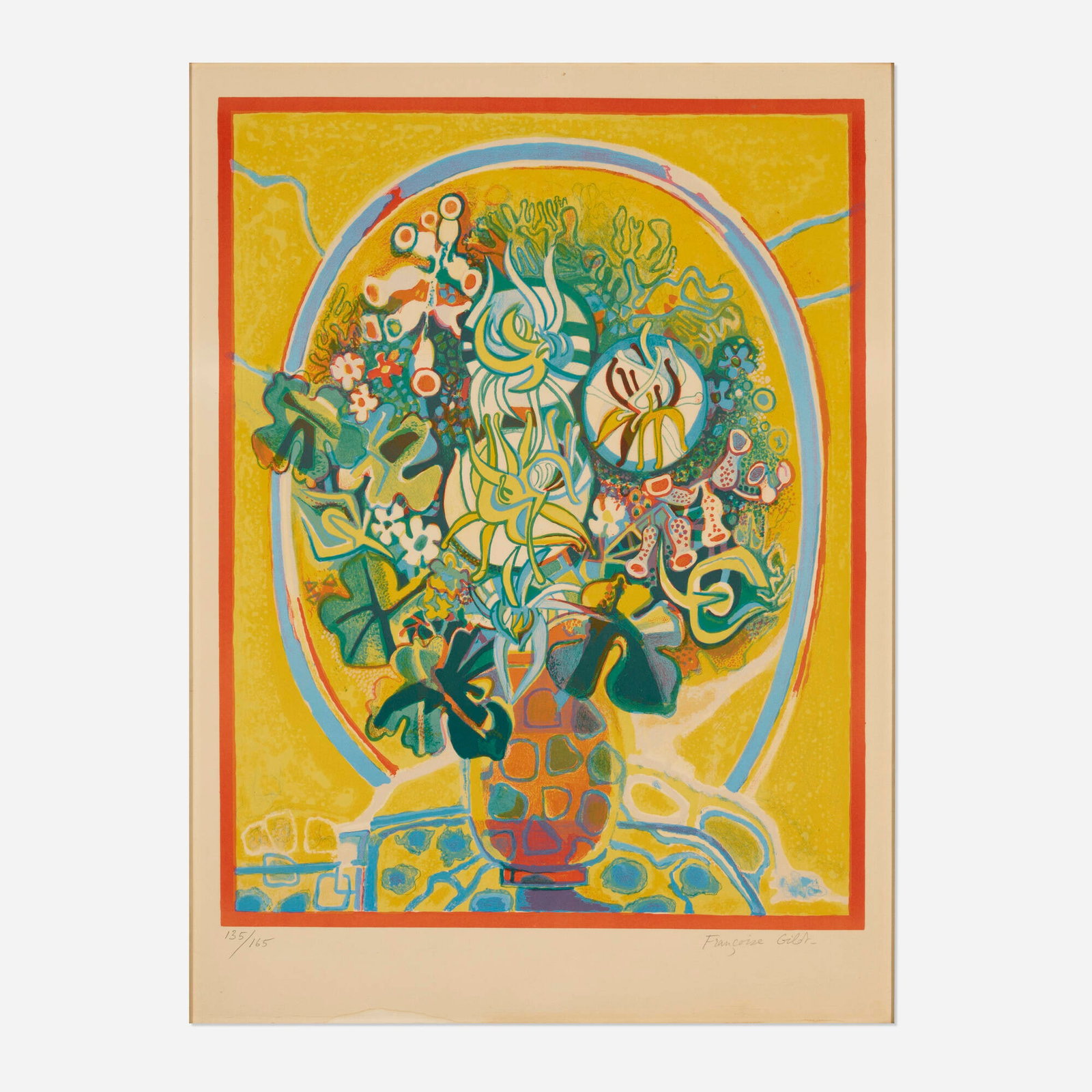 Francoise Gilot, Untitled: Francoise Gilot Untitled lithograph in colors image: 25.5 h x 19.75 w in (65 x 50 cm) sight: 29.625 h x 21.625 w in (75 x 55 cm) Signed and numbered to lower edge '135/165 Francoise Gilot'.