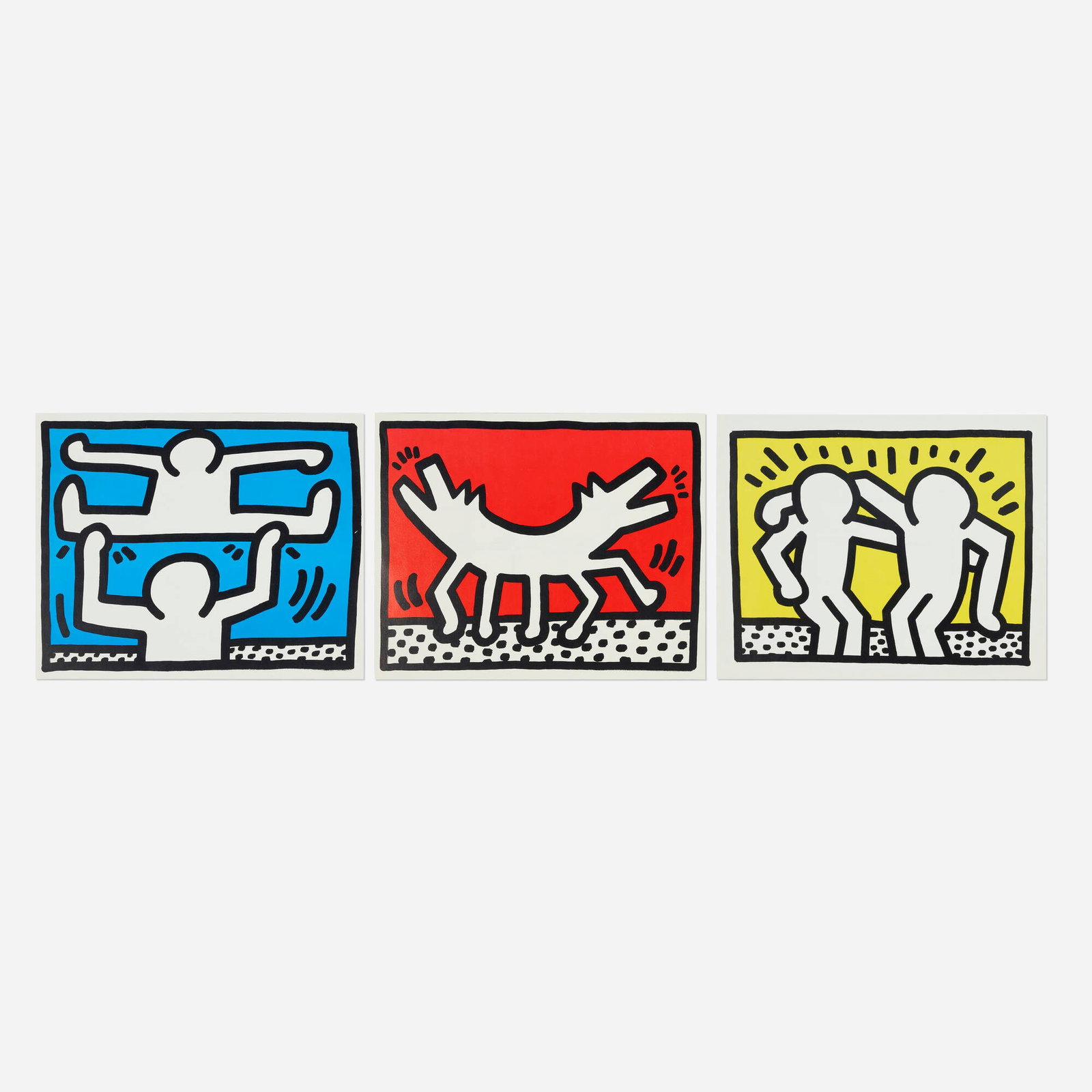 Keith Haring, Three works from Pop Shop Calendar: Keith Haring Three works from Pop Shop Calendar 1988 offset lithograph in colors image (each): 10 h x 14 w in (25 x 36 cm) sight (each): 10.875 h x 13.375 w in (28 x 34 cm) Lot includes three