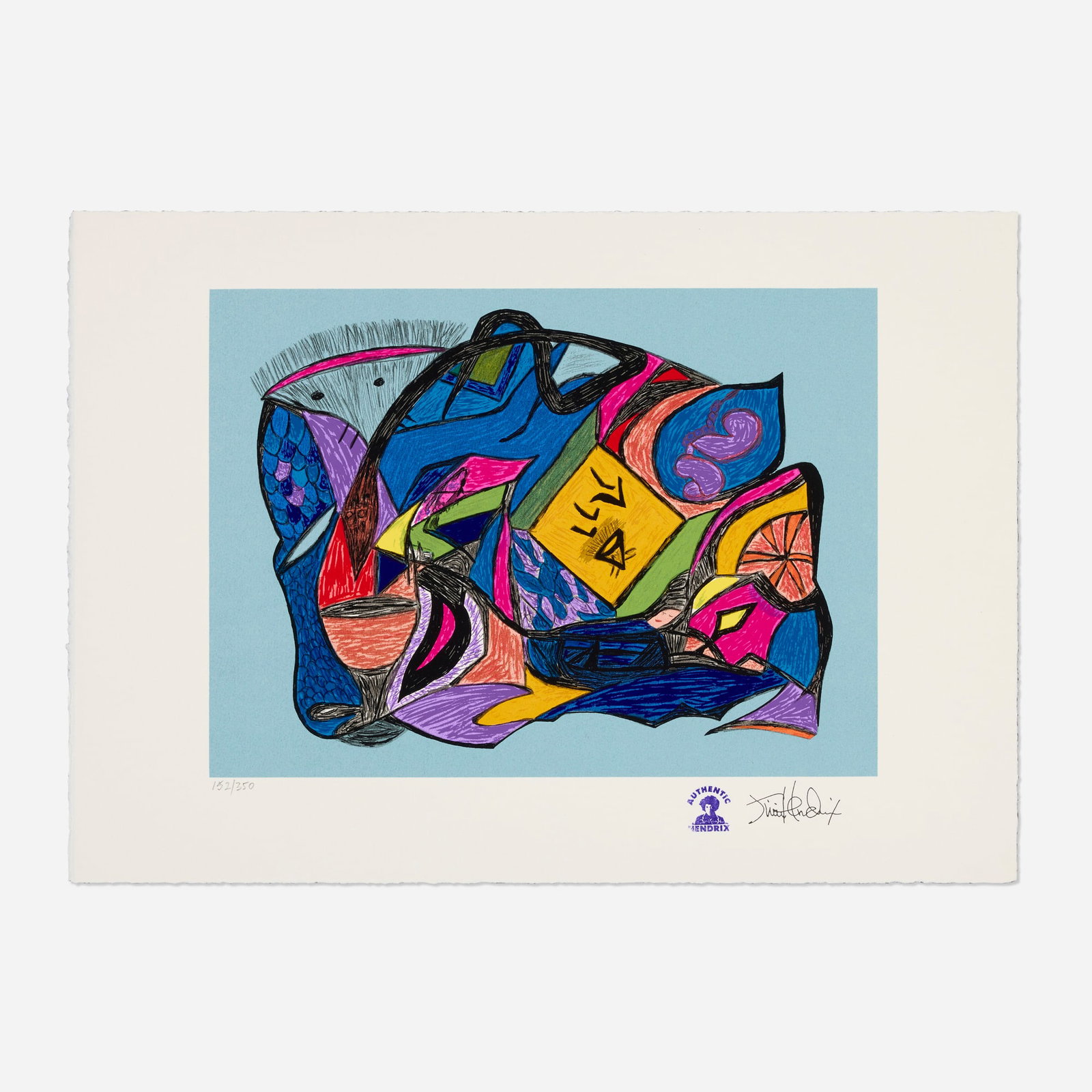 After Jimi Hendrix, Genesis: After Jimi Hendrix Genesis 1969 screenprint in colors on Arches image: 10.75 h x 14.625 w in (27 x 37 cm) sheet: 14.75 h x 20.875 w in (37 x 53 cm) Numbered to lower edge '152/350' with Hend