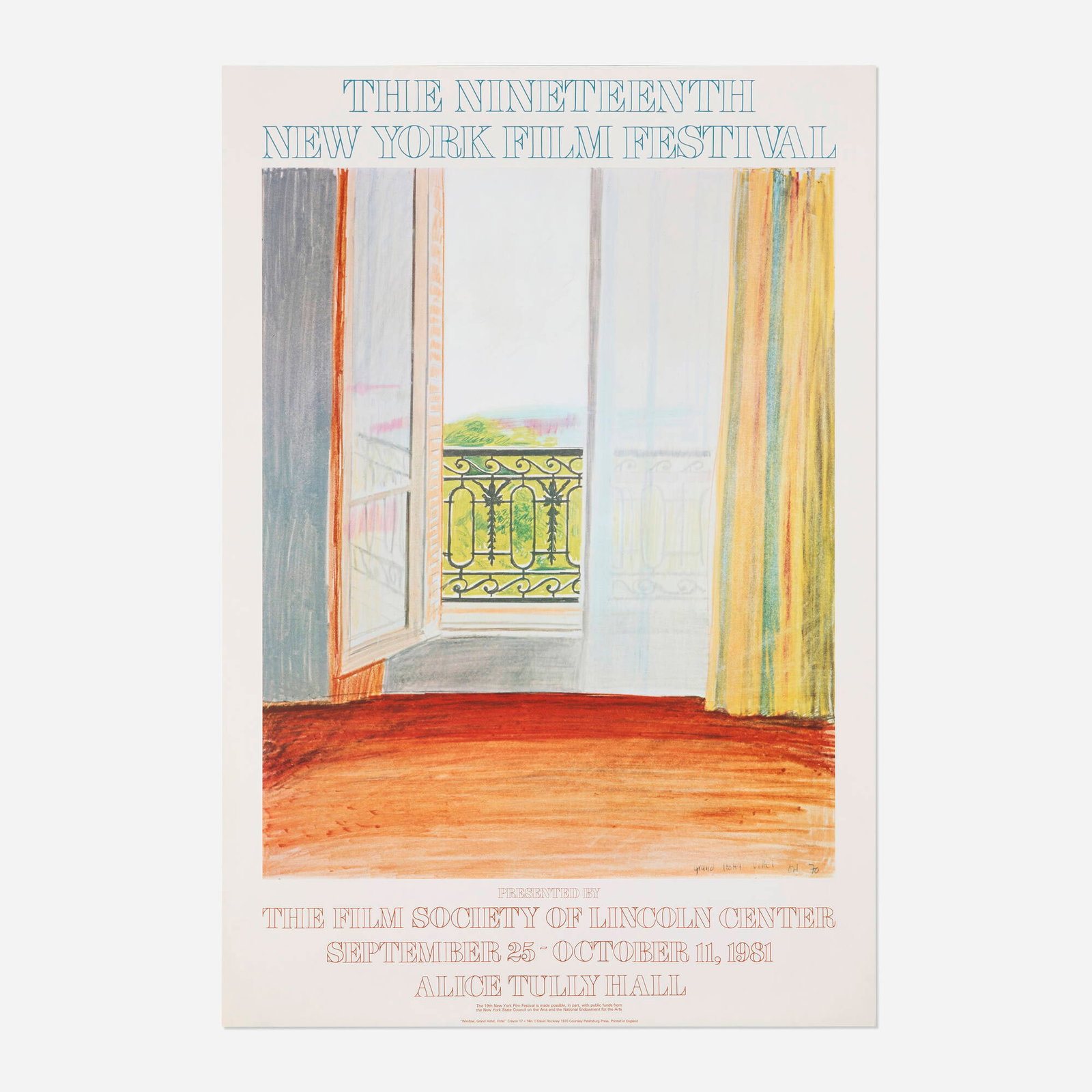 David Hockney, The Nineteenth New York Film Festival poster: David Hockney The Nineteenth New York Film Festival poster 1981 offset lithograph in colors image: 29 h x 23.5 w in (74 x 60 cm) sheet: 39.125 h x 26.875 w in (99 x 68 cm) This work is from the