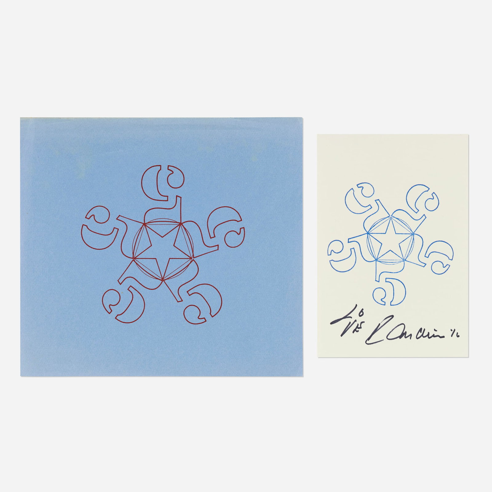 Robert Indiana, 55555; 55555 (from the Stamped Indelibly portfolio) (two works): Robert Indiana 55555; 55555 (from the Stamped Indelibly portfolio) (two works) 1965, 1967 ink stamp on paper 12 h x 11 w in (30 x 28 cm) 9.5 h x 6.5 w in (24 x 17 cm) Signed, numbered, and inscribed