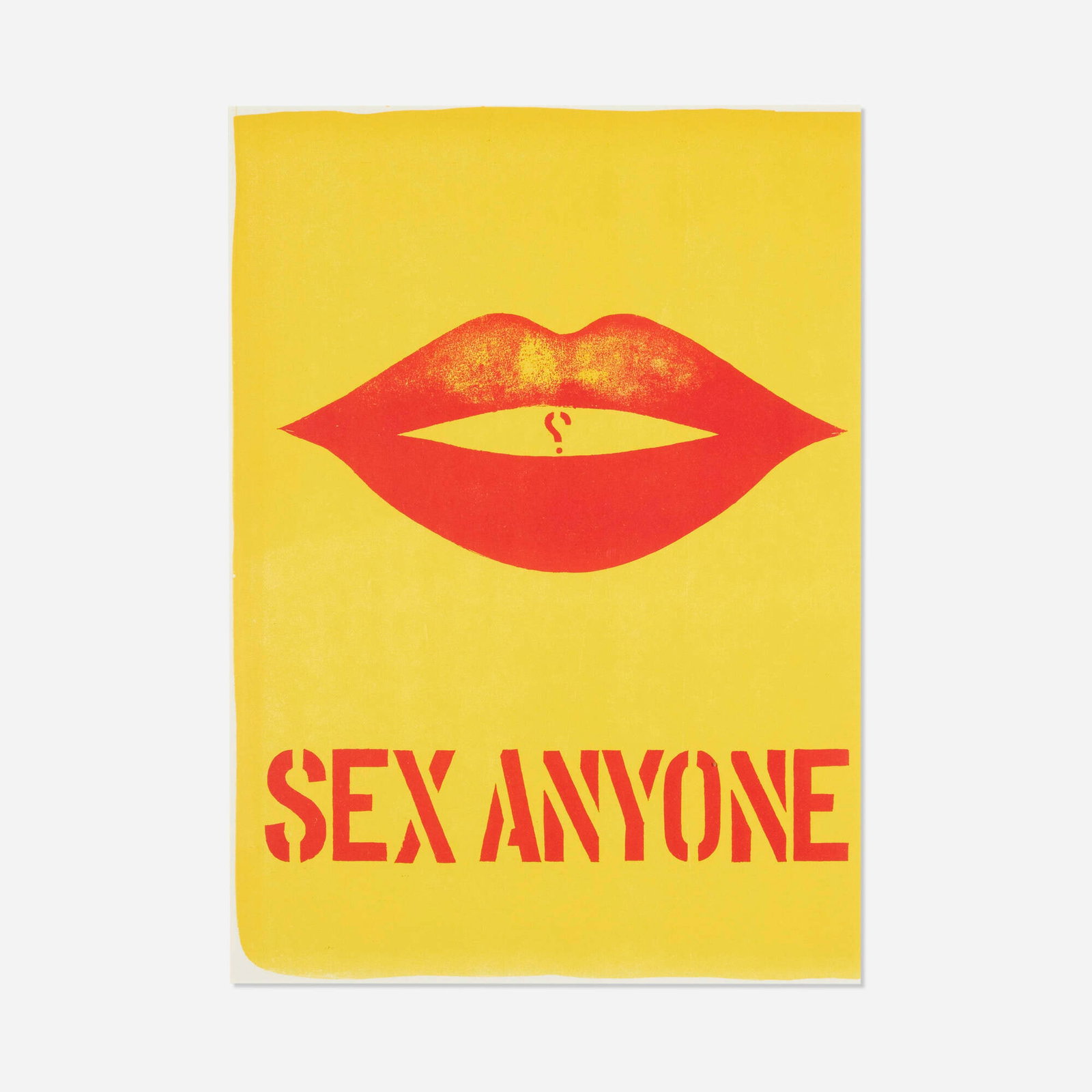 Robert Indiana, Untitled (Sex Anyone) (from the One Cent Life portfolio): Robert Indiana Untitled (Sex Anyone) (from the One Cent Life portfolio) 1964 offset lithograph in colors (double-sided) 16.125 h x 11.5 w in (41 x 29 cm) One Cent Life was an avant-garde publication