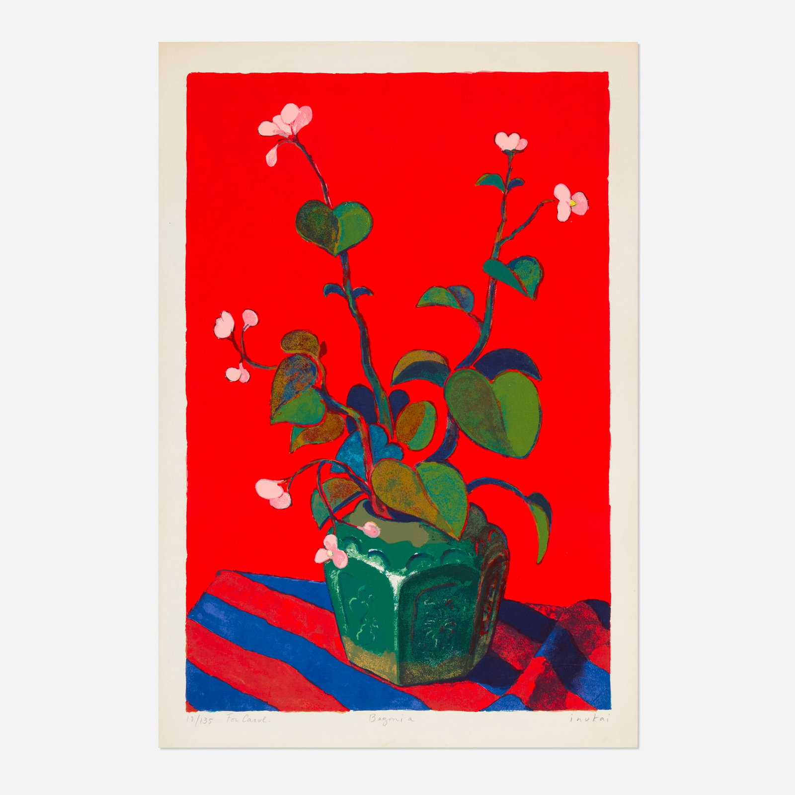 Kyohei Inukai, Begonia: Kyohei Inukai Begonia c. 1965 screenprint in colors image: 19.875 h x 13.25 w in (50 x 34 cm) sheet: 22.125 h x 15 w in (56 x 38 cm) Signed, titled, numbered, and inscribed to lower edge '18