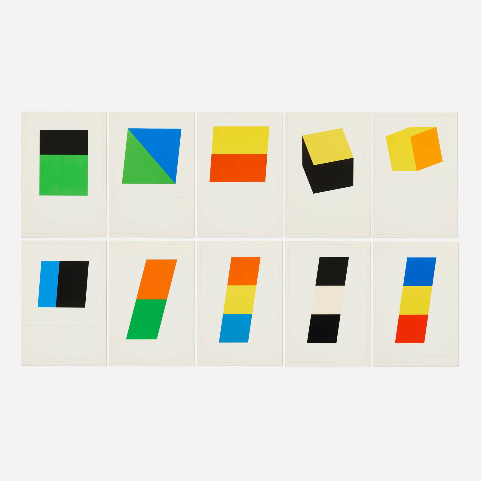 After Ellsworth Kelly, Ten Lithographs sample portfolio: After Ellsworth Kelly Ten Lithographs sample portfolio 1970 lithograph in colors sheet (each): 9.375 h x 6.375 w in (24 x 16 cm) Publisher's inkstamp to lower edge of each work. This compl