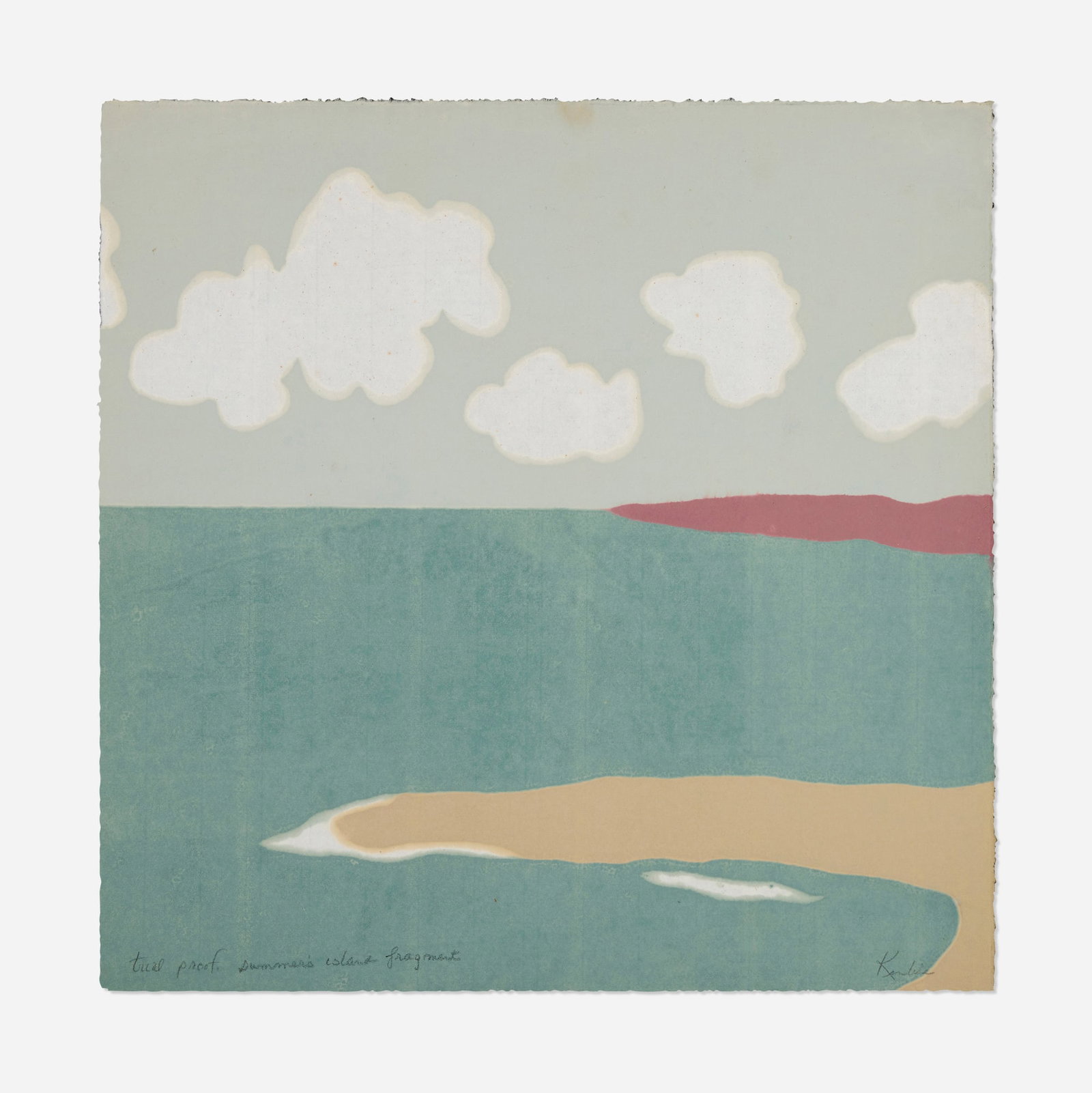 Richard Kemble, Summer's Island Fragment: Richard Kemble Summer's Island Fragment woodcut in colors 21.875 h x 22 w in (56 x 56 cm) Signed, titled and numbered to lower edge 'Trial proof. Summer's Island Fragment Kemble'. This work is a