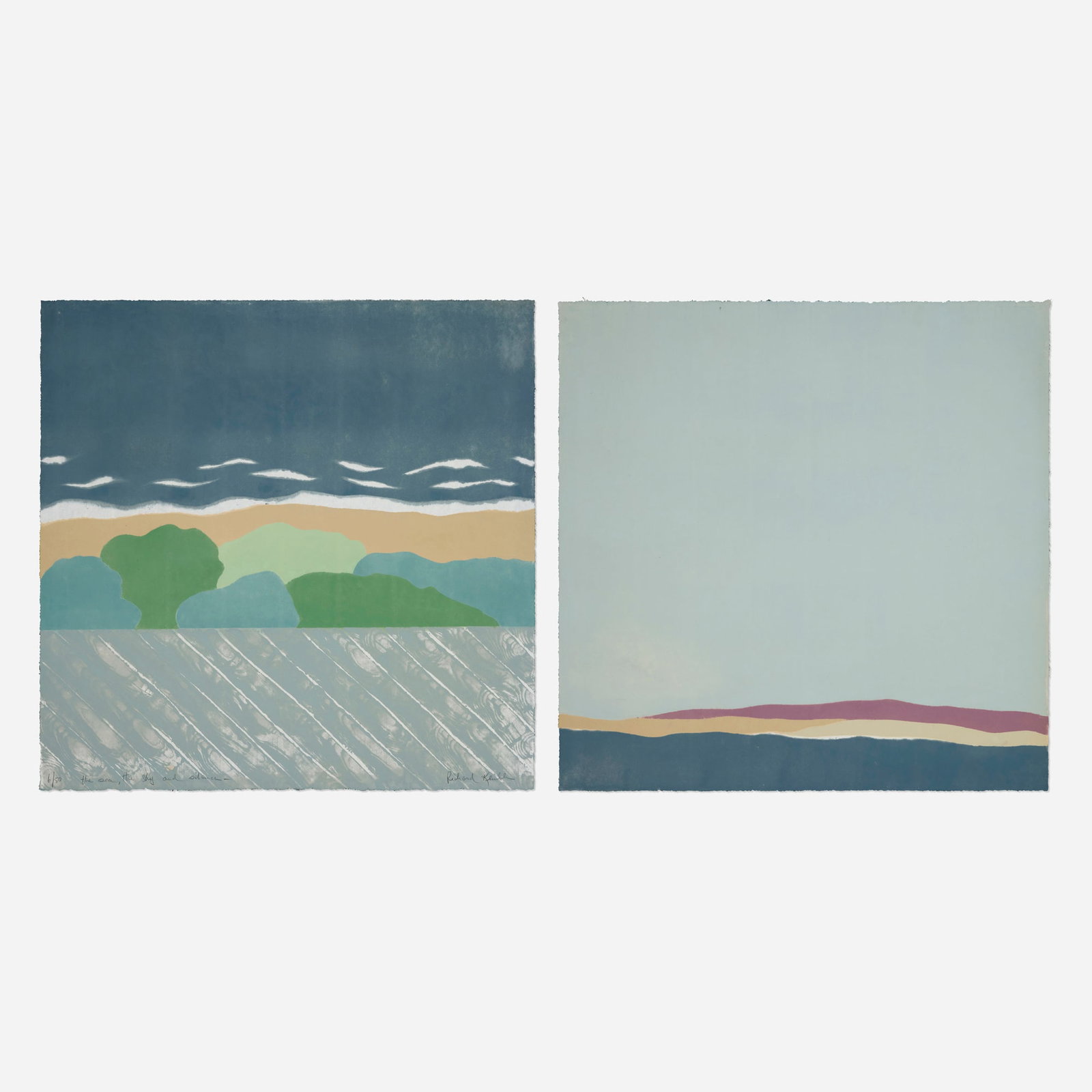 Richard Kemble, The Sea, the Sky and Silence (diptych): Richard Kemble The Sea, the Sky and Silence (diptych) woodcut in colors 36 h x 36 w in (91 x 91 cm) Signed, titled and numbered to lower edge of one sheet and verso of additional sheet '6/50 The