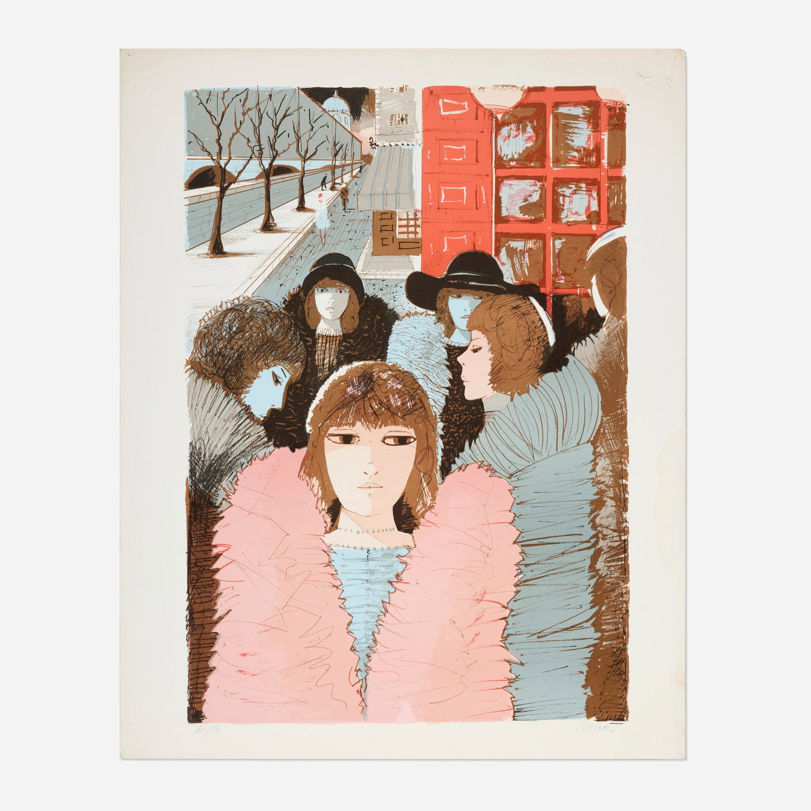 Charles Levier, Girl in a Crowd: Charles Levier Girl in a Crowd screenprint in colors image: 25.875 h x 18 w in (66 x 46 cm) sheet: 28.875 h x 23 w in (73 x 58 cm) Signed and numbered to lower edge 'E/A Levier'. This work is an