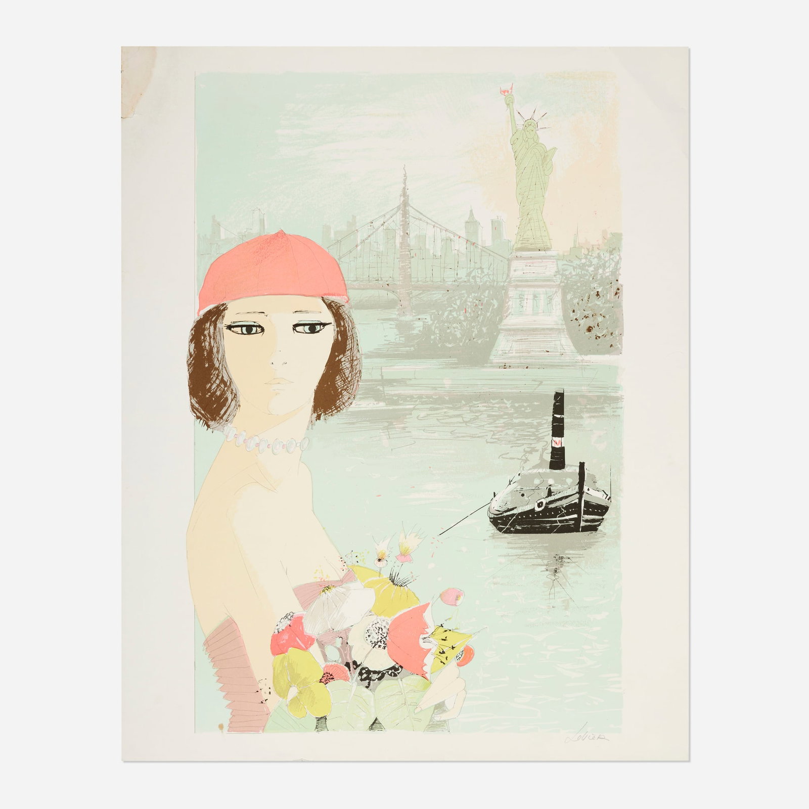 Charles Levier, Woman with Bouquet: Charles Levier Woman with Bouquet screenprint in colors image: 26.625 h x 17.25 w in (68 x 44 cm) sheet: 29 h x 23 w in (74 x 58 cm) Signed to lower right 'Levier'. This work is from the edition