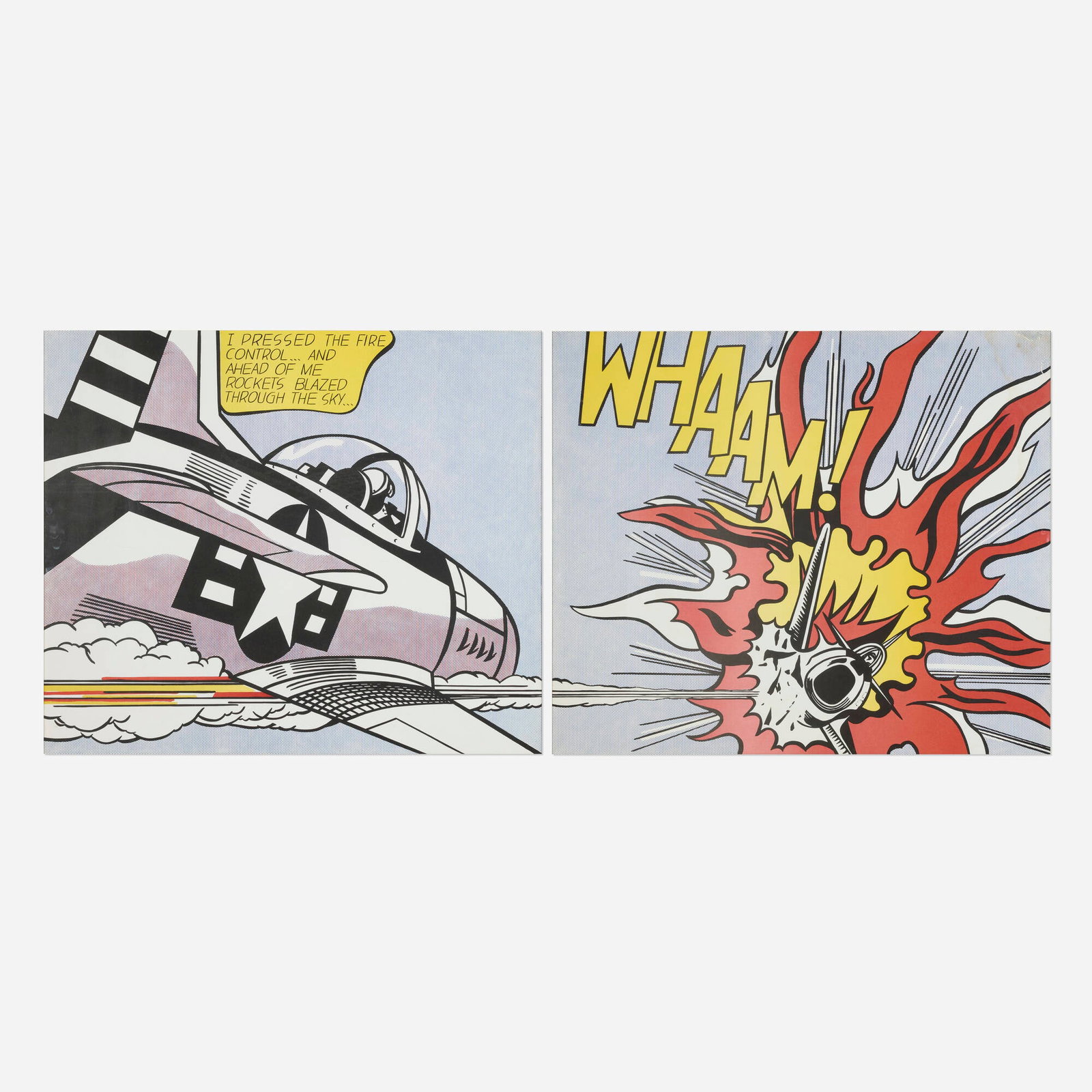 Roy Lichtenstein, WHAAM! poster (diptych): Roy Lichtenstein WHAAM! poster (diptych) 1967 / 1988 offset lithograph in colors sight (each): 24.5 h x 28.875 w in (62 x 73 cm) This work is from the edition of 3000 printed by Lautrec Photo L