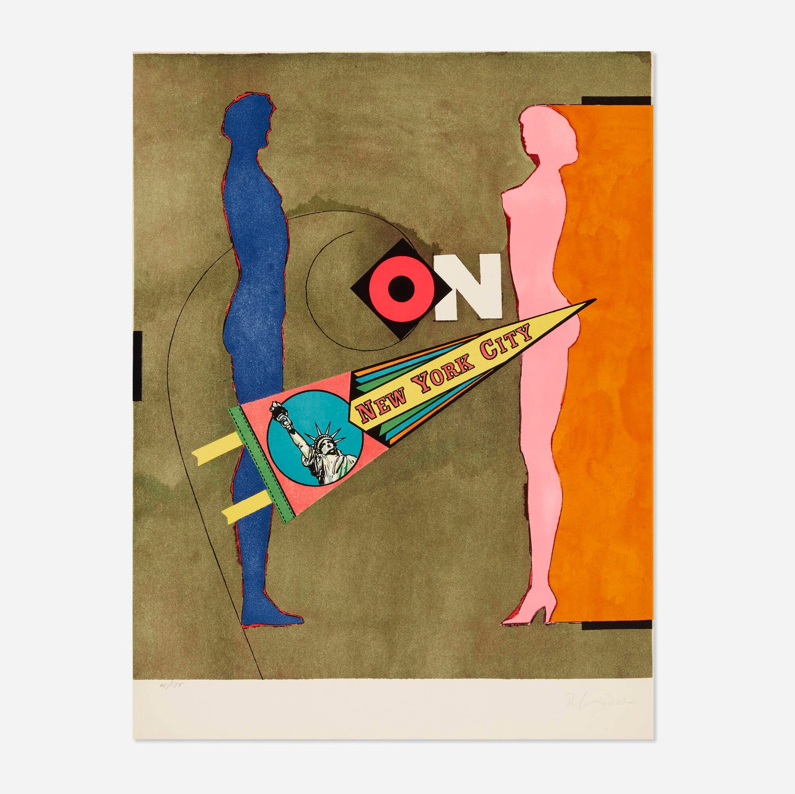 Richard Lindner, On (from the Fun City portfolio): Richard Lindner On (from the Fun City portfolio) 1971 lithograph in colors 25 h x 19.5 w in (63 x 50 cm) Signed and numbered to lower edge '41/175 R. Lindner'. This work is number 41 from the edition