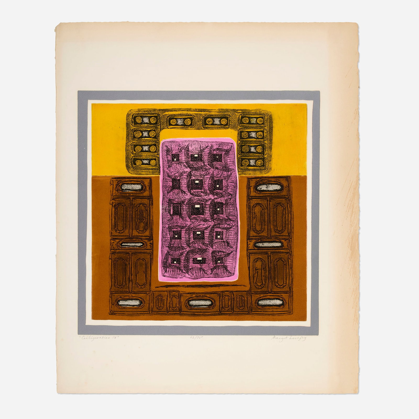 Margot Lovejoy, Configuration IV: Margot Lovejoy Configuration IV 1965 etching in colors image: 17.75 h x 17.5 w in (45 x 44 cm) sheet: 23 h x 22 w in (58 x 56 cm) Signed, titled and numbered 'Configuration IV 62/75 Margot L