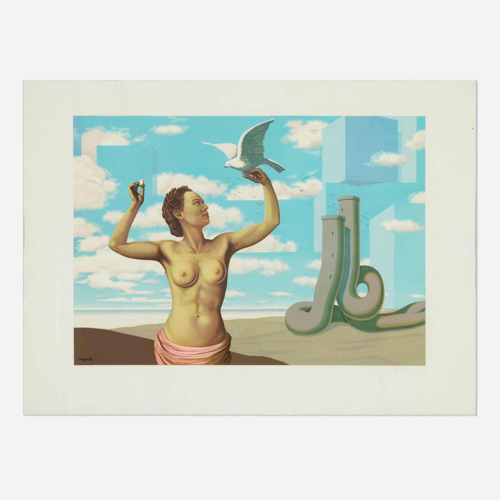 After Rene Magritte, Une jeune femme presente avec grace: After Rene Magritte Une jeune femme presente avec grace (from Les enfants trouve de Magritte portfolio) 1953 / 1968 lithograph in colors image: 12.5 h x 17.625 w in (32 x 45 cm) sight: 16.875 h x