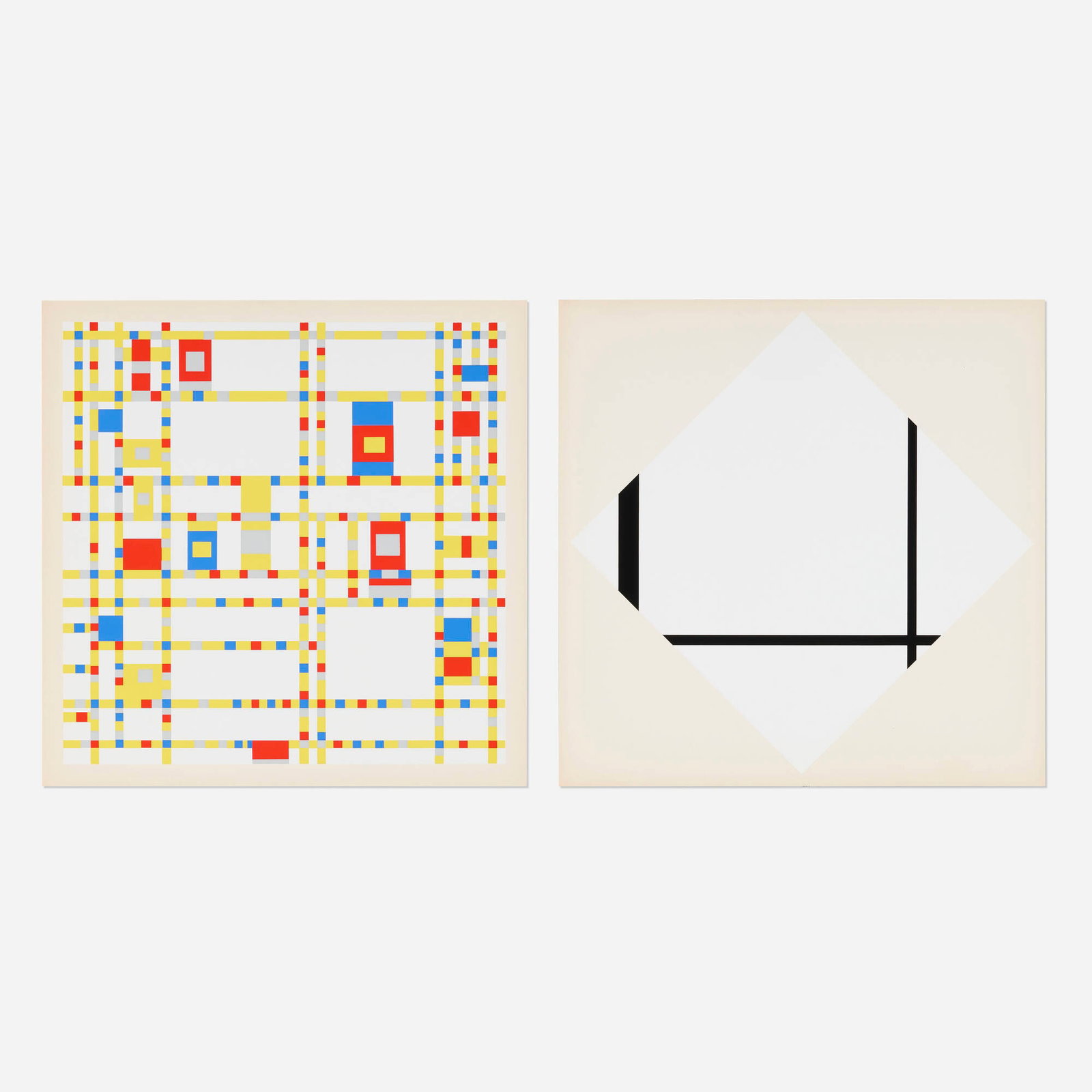 Piet Mondrian, Broadway Boogie Woogie; Foxtrot A (two works from A Portfolio of Ten Paintings): Piet Mondrian Broadway Boogie Woogie; Foxtrot A (two works from A Portfolio of Ten Paintings) 1930, 1942-43 / 1967 screenprint in colors image: 15.5 h x 15.5 w in (39 x 39 cm) image: 16 h x 16 w in