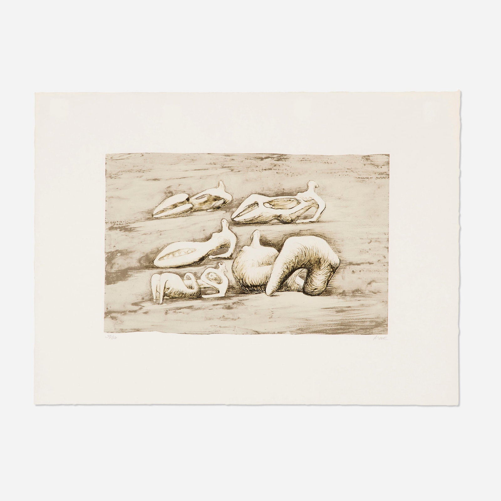 Henry Moore, Five Reclining Figures: Henry Moore Five Reclining Figures 1979 / 1980 lithpgraph in colors on T.H. Saunders image: 10.5 h x 16.75 w in (27 x 43 cm) sheet: 18.75 h x 25.5 w in (48 x 65 cm) Signed and numbered to lower edge