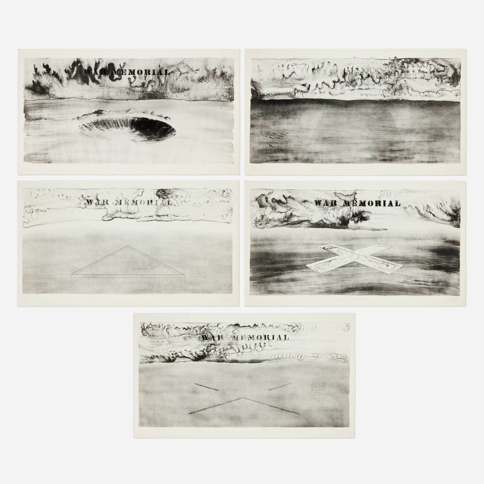 Robert Morris, Five War Memorials: Robert Morris Five War Memorials 1970 lithograph image (each): 20.25 h x 40.125 w in (51 x 102 cm) sheet (each): 24 h x 42.5 w in (61 x 108 cm) Signed, dated, and numbered to lower edge of each work