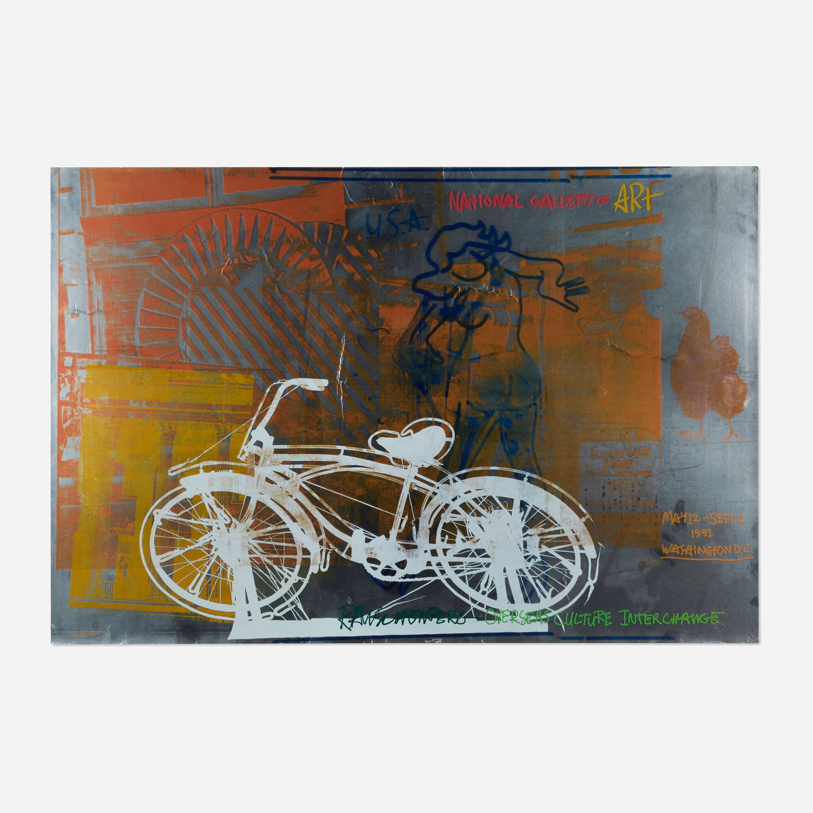 Robert Rauschenberg, Bicycle, National Gallery of Art exhibition poster: Robert Rauschenberg Bicycle, National Gallery of Art exhibition poster 1991 screenprint and lithograph in colors on foil paper 26.25 h x 39 w in (67 x 99 cm) This work is from the edition of 50