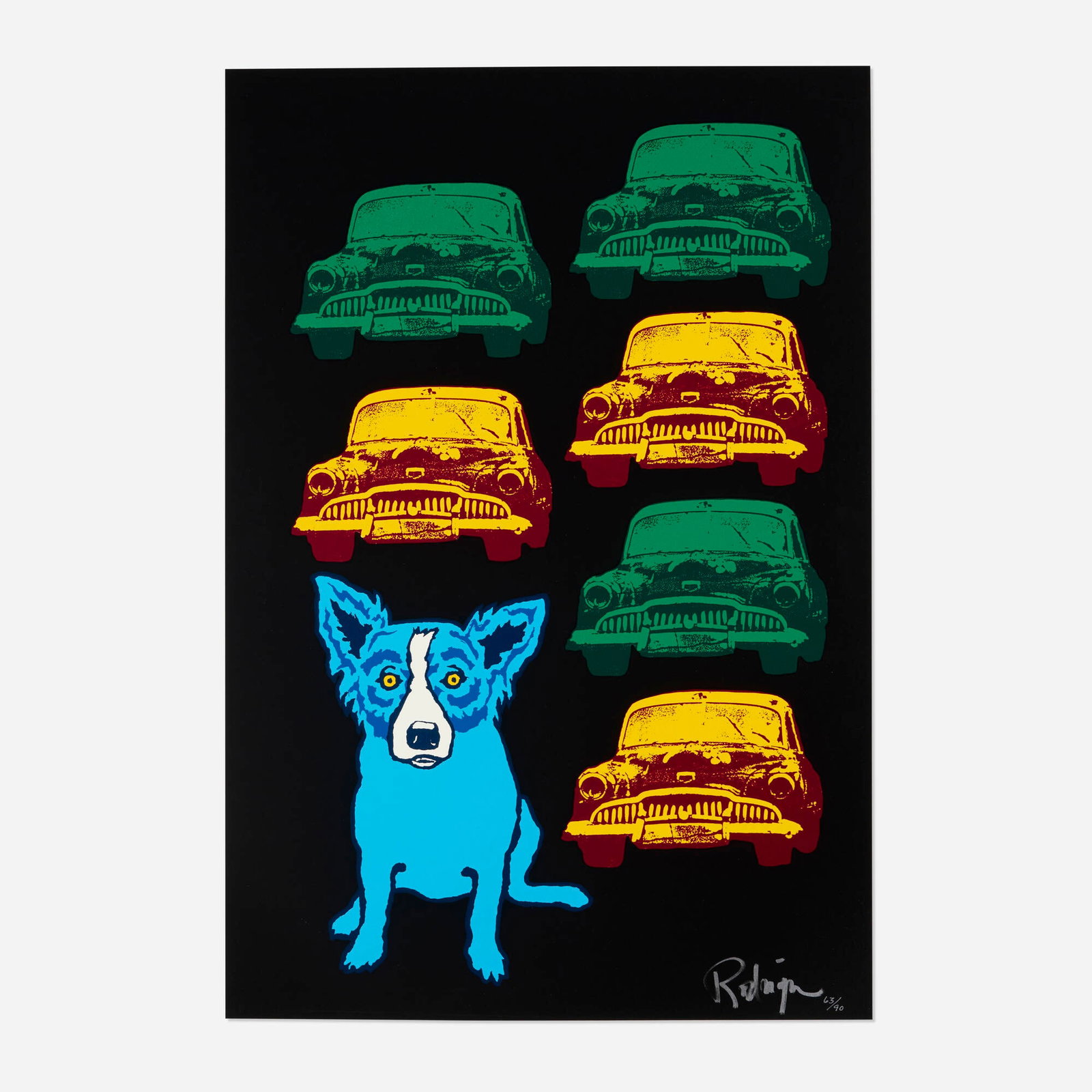 George Rodrigue, Junkyard Dog: George Rodrigue Junkyard Dog 1993 screenprint in colors image: 33.875 h x 23.25 w in (86 x 59 cm) sheet: 35.5 h x 25 w in (90 x 63 cm) Signed and numbered to lower right 'Rodrigue 63/9