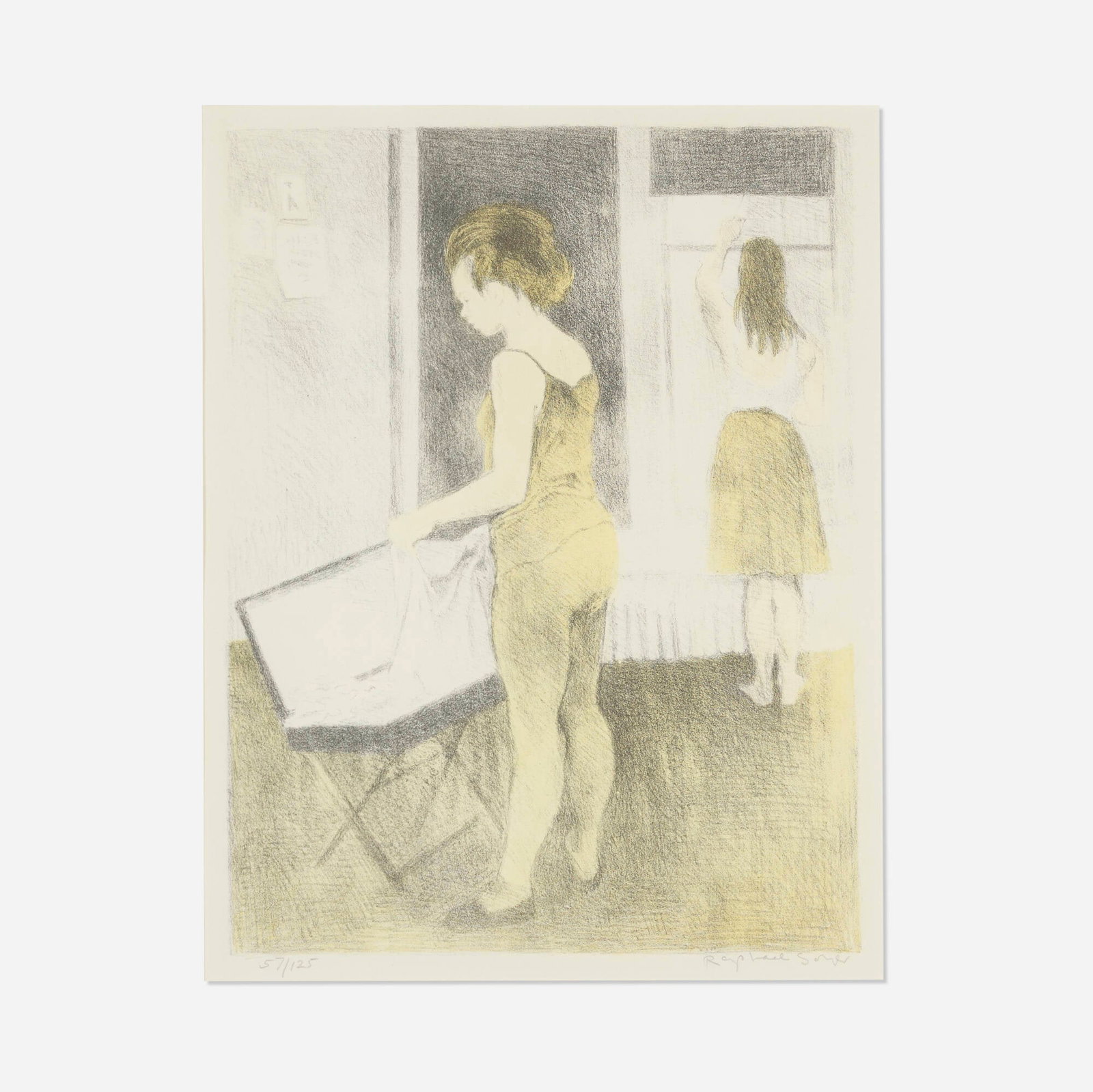 Raphael Soyer, Untitled: Raphael Soyer Untitled lithograph in colors image: 18 h x 13.75 w in (46 x 35 cm) sight: 18.875 h x 14.625 w in (48 x 37 cm) Signed and numbered to lower edge '57/125 Raphael Soyer'. This