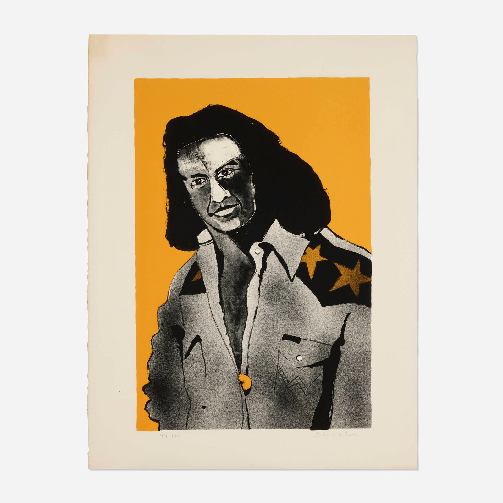 Fritz Scholder, Artist at Forty as Buffalo: Fritz Scholder Artist at Forty as Buffalo 1977 lithograph in colors image: 24 h x 16 w in (61 x 41 cm) sight: 29.875 h x 22.5 w in (76 x 57 cm) Signed and numbered to lower edge '44 - 1