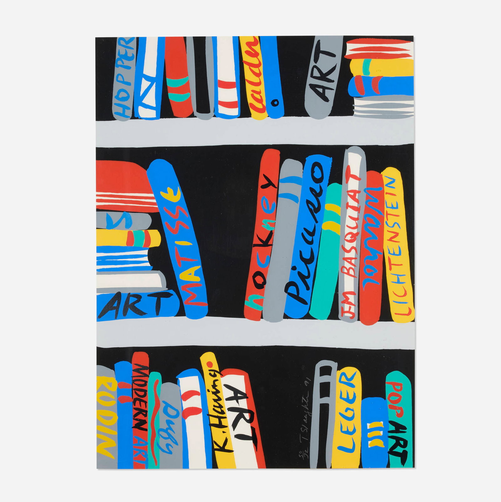 Tom Slaughter, Books On Shelf: Tom Slaughter Books On Shelf 1991 screenprint in colors 30.625 h x 22.625 w in (78 x 57 cm) Signed, dated, and numbered to lower right '50/72 T. Slaughter 91'. This work is number 50