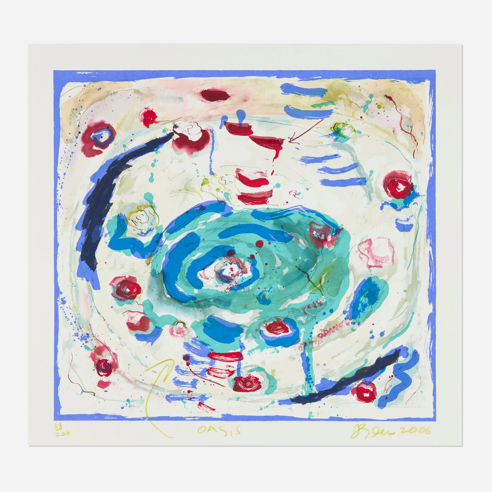 Joan Snyder, Oasis: Joan Snyder Oasis 2006 inkjet and screenprint in colors with hand-additions image: 18.125 h x 19.75 w in (46 x 50 cm) sheet: 20.75 h x 22.5 w in (53 x 57 cm) Signed, titled, dated, and numbe