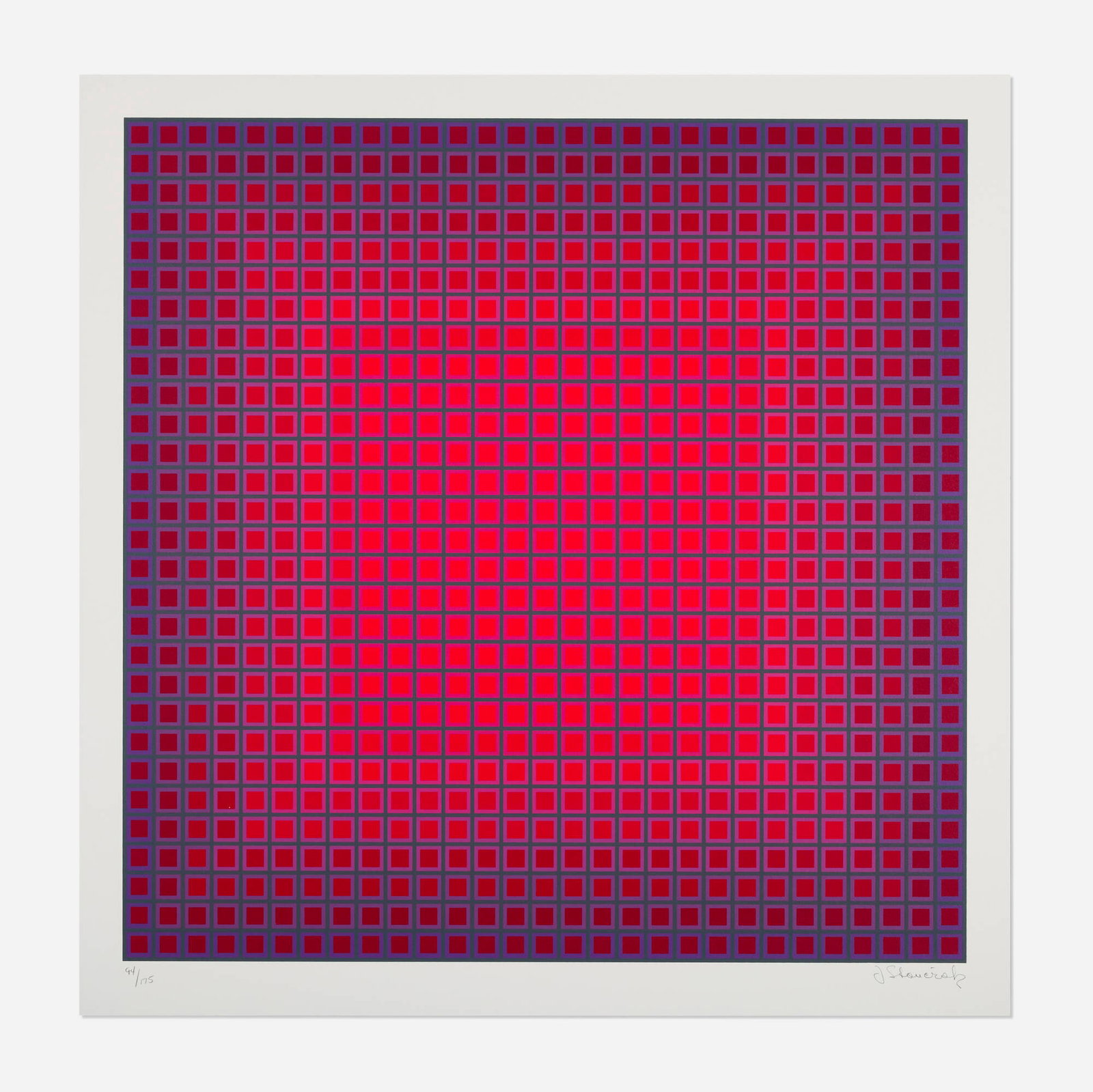 Julian Stanczak, Compounded Red: Julian Stanczak Compounded Red 1980 screenprint in colors image: 23.25 h x 23.25 w in (59 x 59 cm) sheet: 26 h x 25.75 w in (66 x 65 cm) Signed and numbered to lower edge '94/175 J Stan