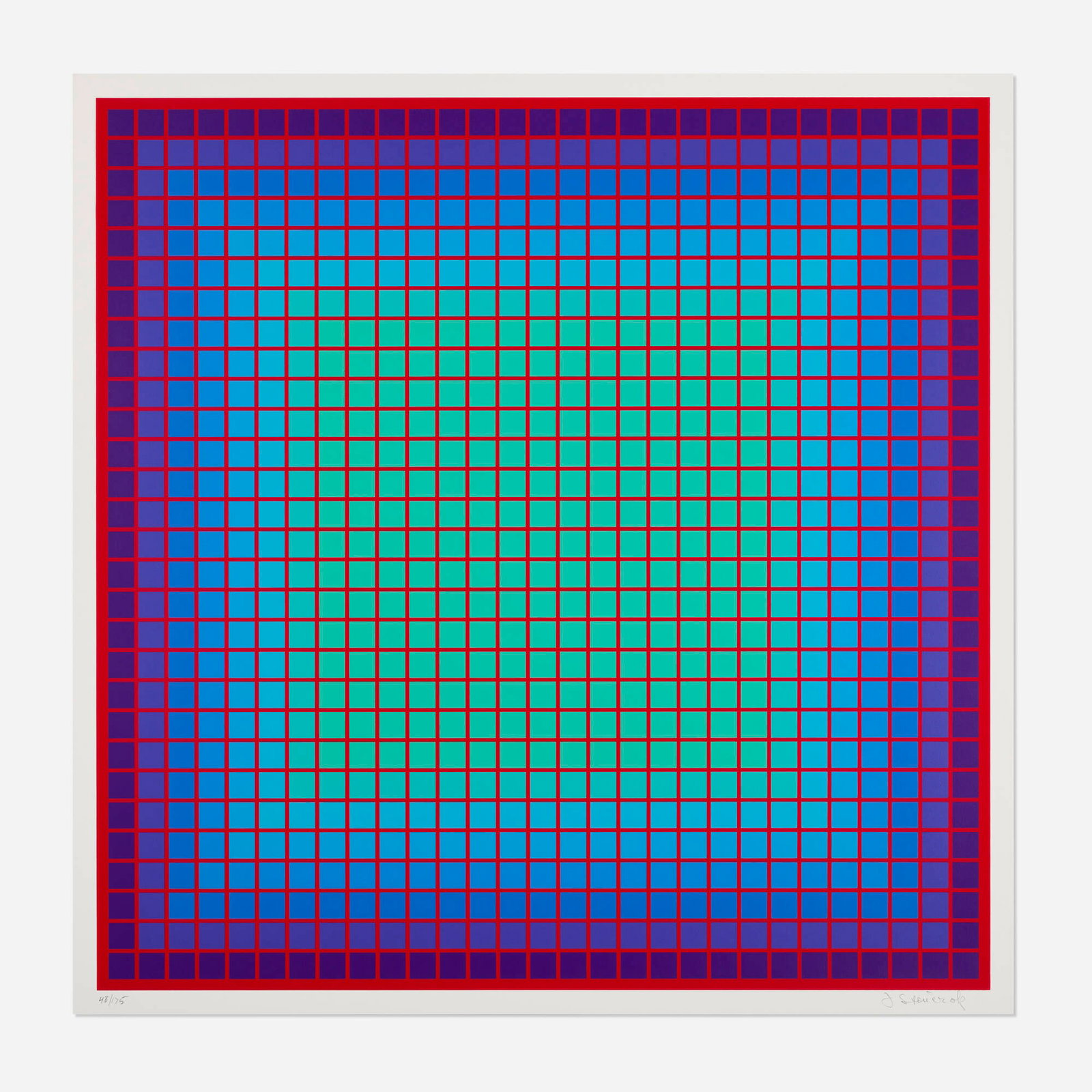 Julian Stanczak, Conferring Blue: Julian Stanczak Conferring Blue 1981 screenprint in colors image: 23.625 h x 23.625 w in (60 x 60 cm) sheet: 25 h x 25 w in (63 x 63 cm) Signed and numbered to lower edge '48/175 J Stan