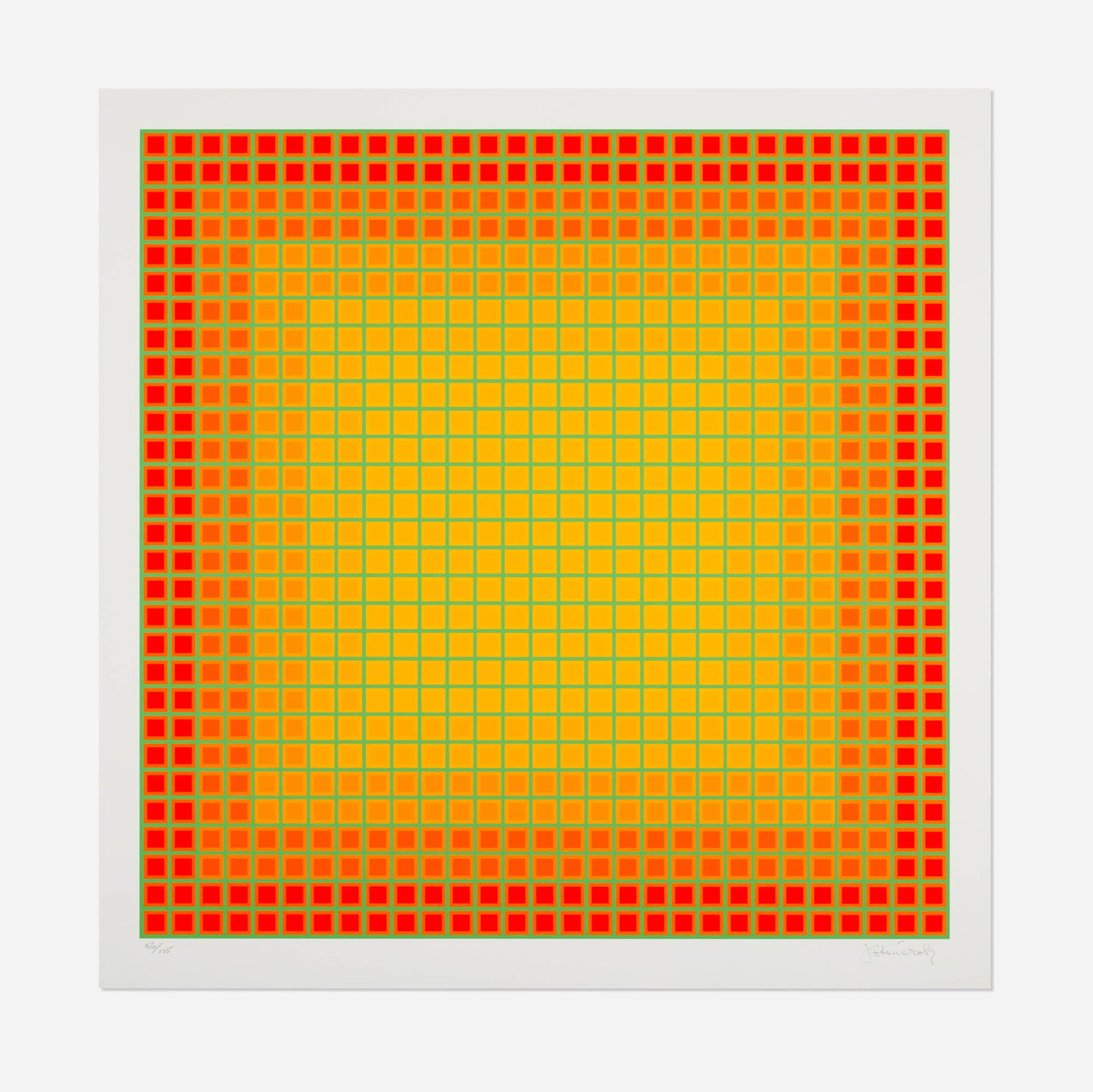 Julian Stanczak, Let It Be Orange: Julian Stanczak Let It Be Orange 1981 screenprint in colors image: 23.375 h x 23.25 w in (59 x 59 cm) sheet: 26 h x 25.625 w in (66 x 65 cm) Signed and numbered to lower edge '56/175 J