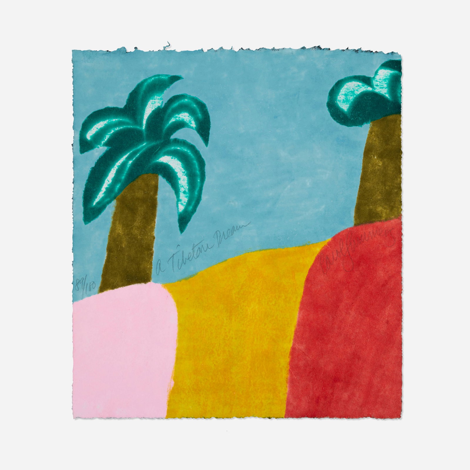 Carol Summers, A Tibetan Dream: Carol Summers A Tibetan Dream woodcut in colors 13.5 h x 11 w in (34 x 28 cm) Signed, titled, and numbered to center '89/100 A Tibetan Dream Carol Summers'. This work is number 89 from the