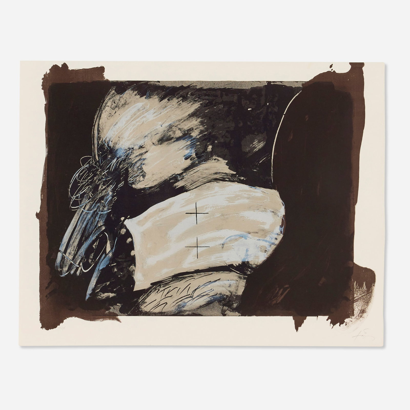Antoni Tapies, Deux croix: Antoni Tapies Deux croix 1983 lithograph in colors image: 22.5 h x 28 w in (57 x 71 cm) sheet: 23.5 h x 30.25 w in (60 x 77 cm) Signed and numbered to lower edge '73/75 Tapies'. This work is number