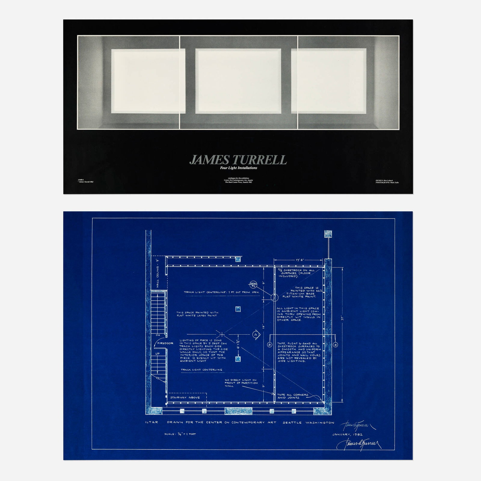 James Turrell, Four Light Installations: James Turrell Four Light Installations 1982 offset lithograph, lithograph, blueprint, 35mm color slides poster: 17 h x 24 w in (43 x 61 cm) blueprint: 12 h x 24 w in (30 x 61 cm) catalogue: 9 h