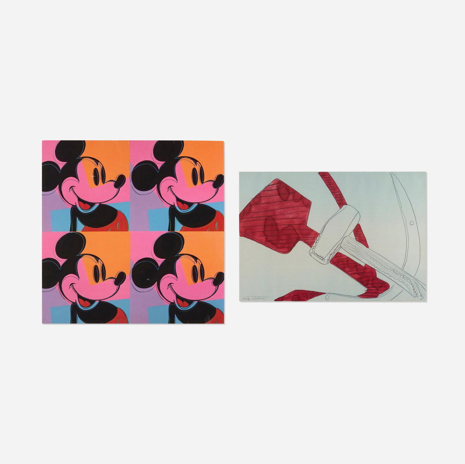 After Andy Warhol, Mickey Mouse; Hammer and Sickle (two works): After Andy Warhol Mickey Mouse; Hammer and Sickle (two works) offset lithograph in colors sight: 9.5 h x 9.5 w in (24 x 24 cm) sight: 6.75 h x 9.625 w in (17 x 24 cm) These works are from the