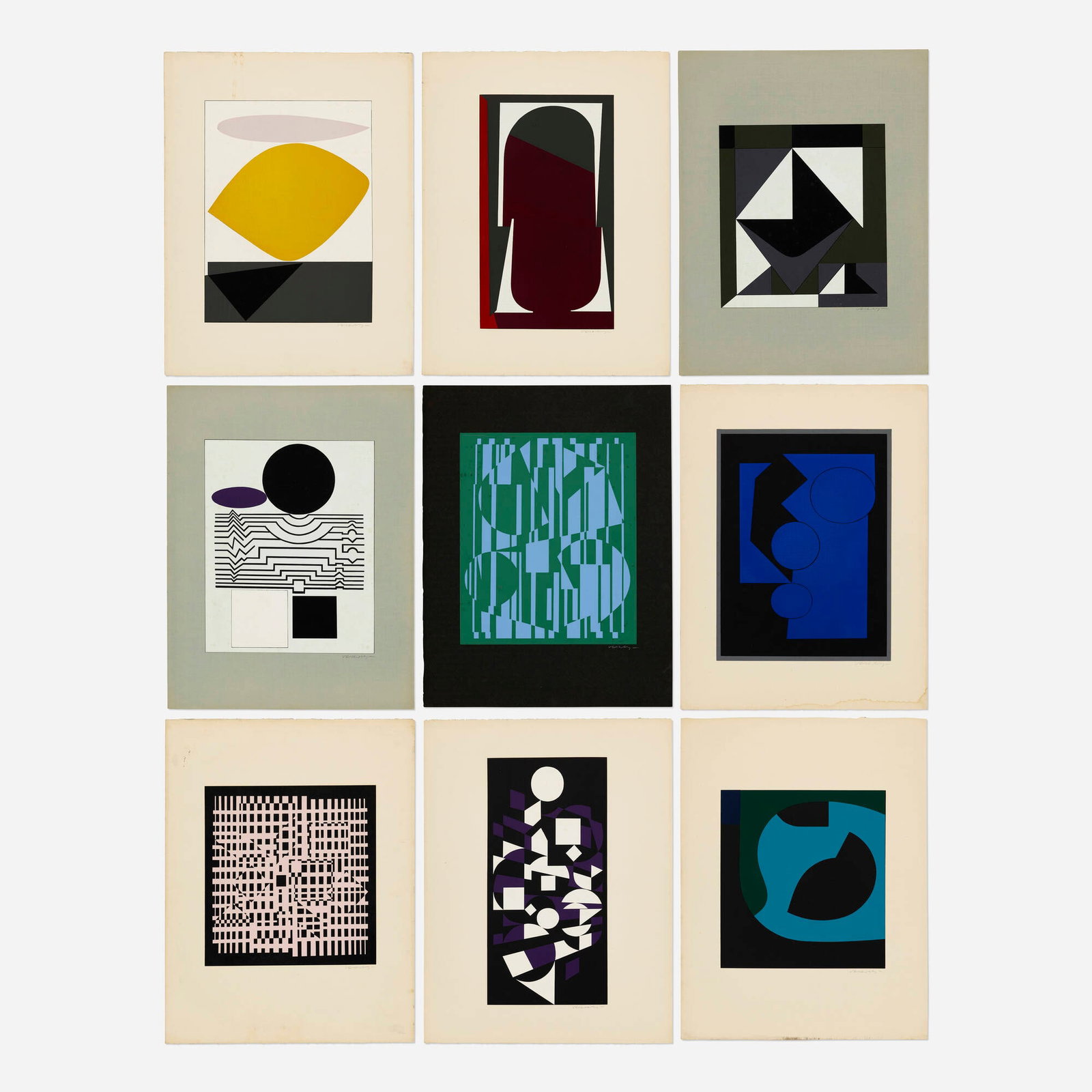 Victor Vasarely, Nine works from the Venezuela portfolio: Victor Vasarely Nine works from the Venezuela portfolio 1956 screenprint in colors on San Francisco LMF each: 26 h x 20 w in (66 x 51 cm) Signed to lower right of each work 'Vasarely'. This par