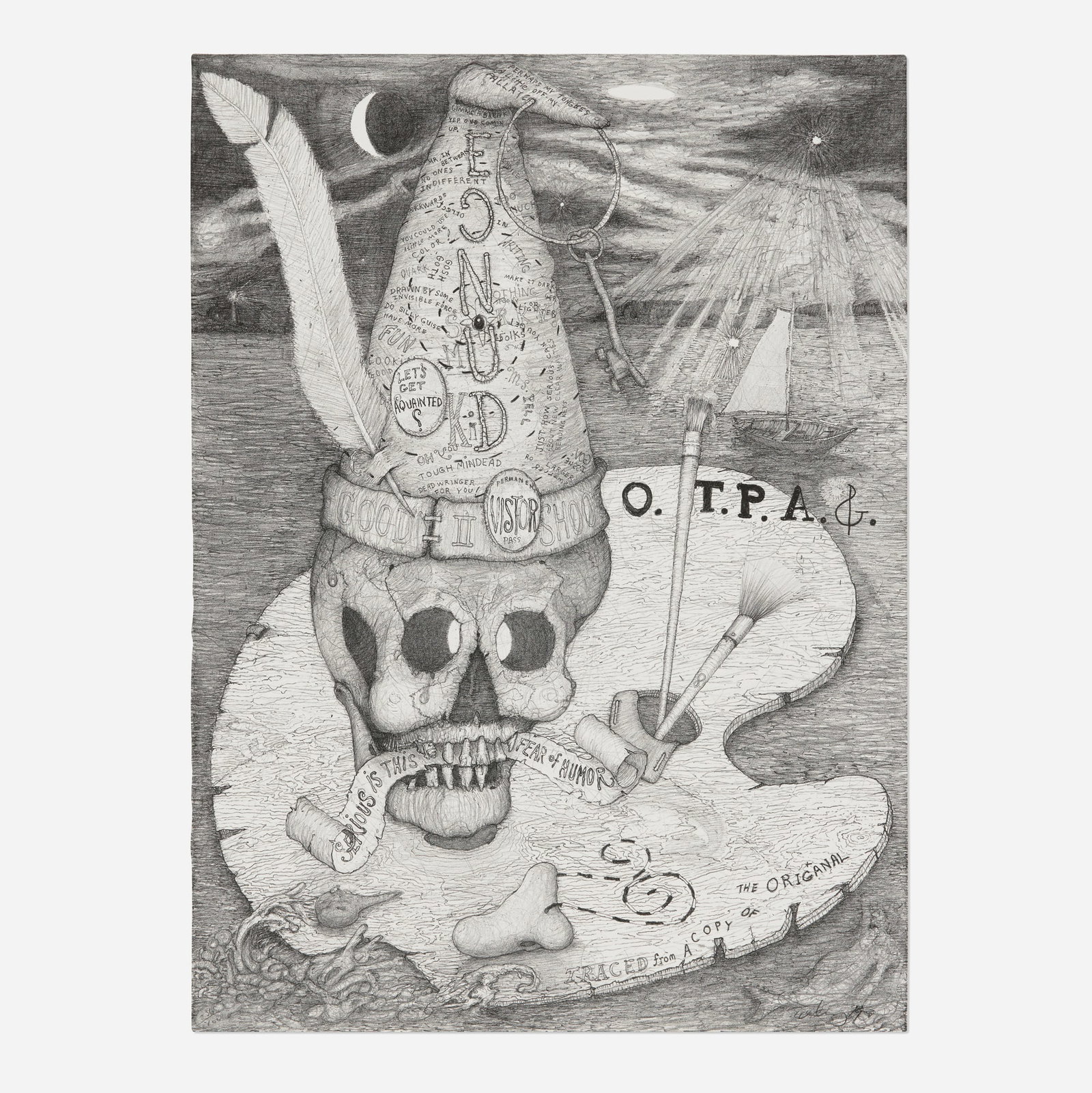 William T. Wiley, Spooky on the Line: William T. Wiley Spooky on the Line 1979 lithograph 30 h x 22 w in (76 x 56 cm) Signed, dated and numbered to lower edge '56/100 WTW 79'. This work is number 56 from the edition of 100
