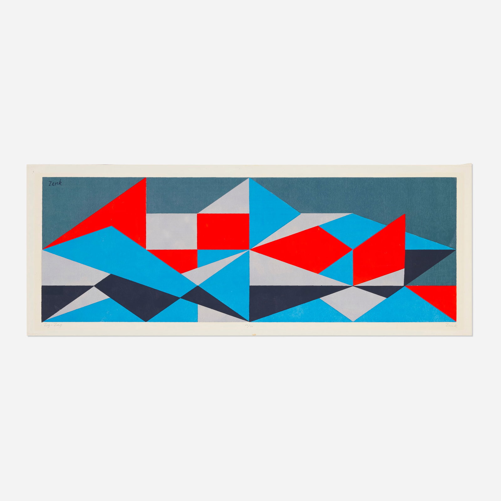 Josef Zenk, Zig-Zag: Josef Zenk Zig-Zag screenprint in colors image: 8.375 h x 24.25 w in (21 x 62 cm) sheet: 9.875 h x 26 w in (25 x 66 cm) Signed, titled, and numbered to lower edge 'Zig-Zag 10/60 Zenk'. This work