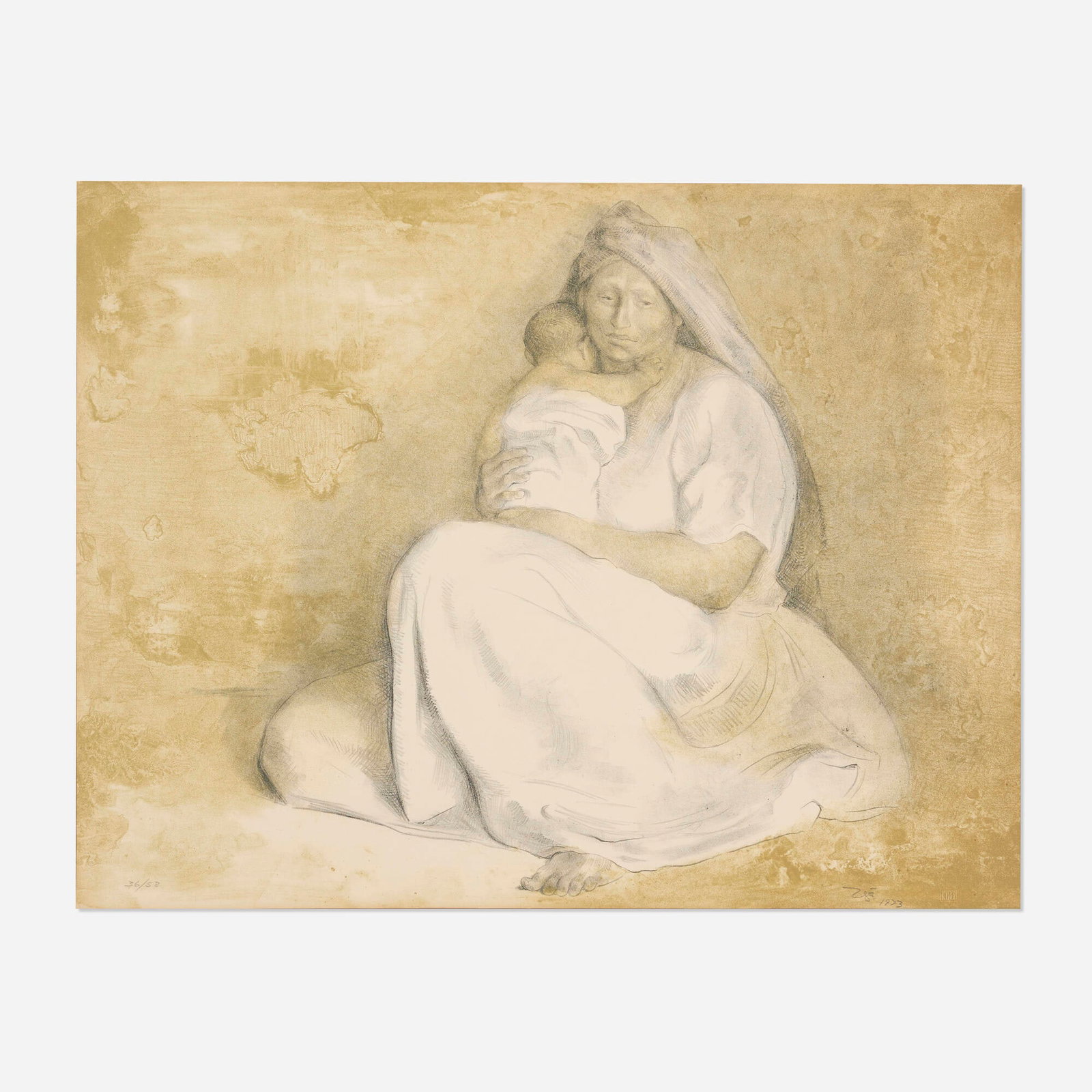 Francisco Zuniga, Madre con nino: Francisco Zuniga Madre con nino 1973 lithograph in colors sight: 19.25 h x 25 w in (49 x 63 cm) Signed, dated, and numbered to lower edge '36/58 Zuniga 1973' with printer's blindstamp.