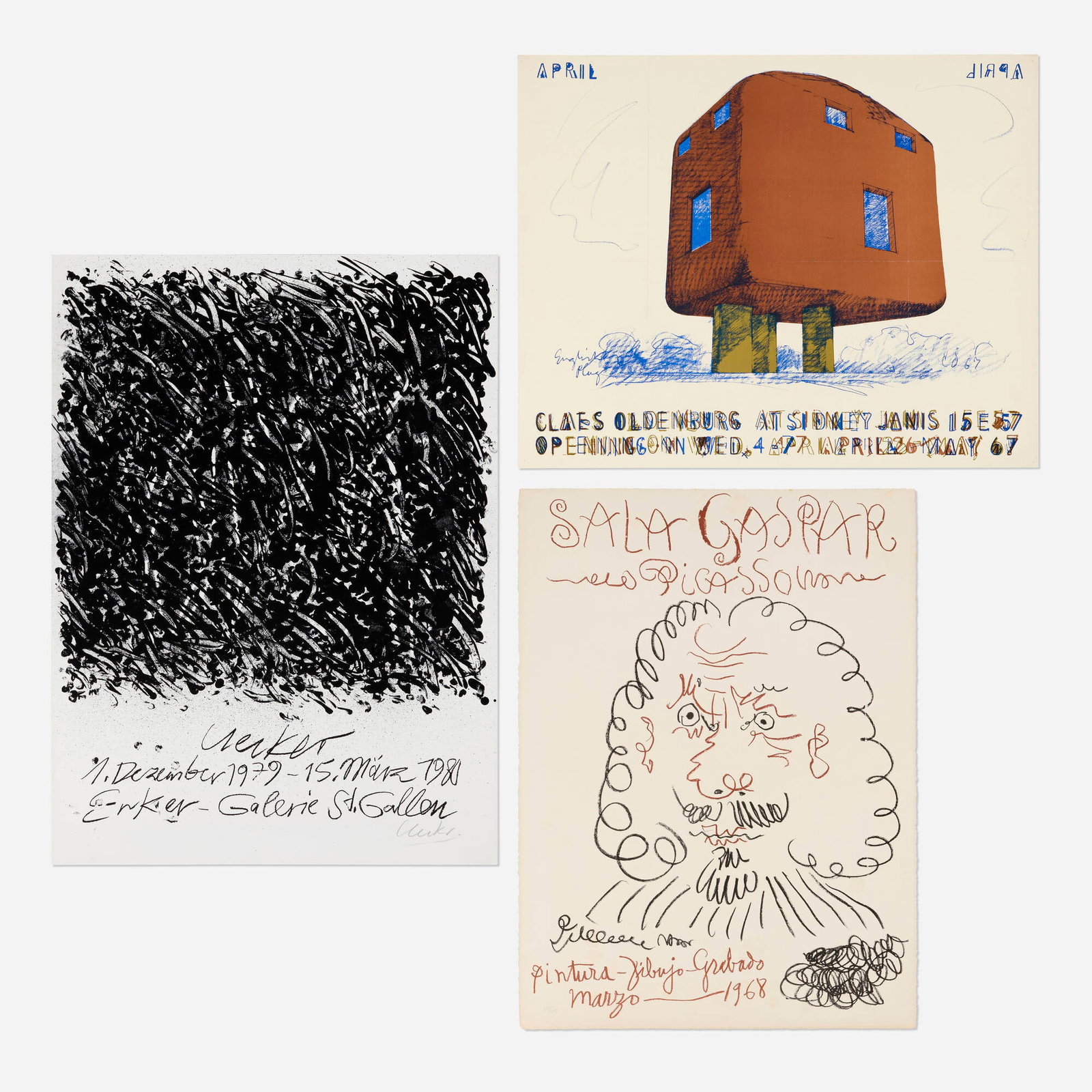 Various Artists, Three exhibition posters: Various Artists Three exhibition posters 1968, 1967, 1979 lithograph in colors 33.75 h x 24.75 w in (86 x 63 cm) 30 h x 22.25 w in (76 x 57 cm) 23 h x 28.875 w in (58 x 73 cm) Lot is comprised of