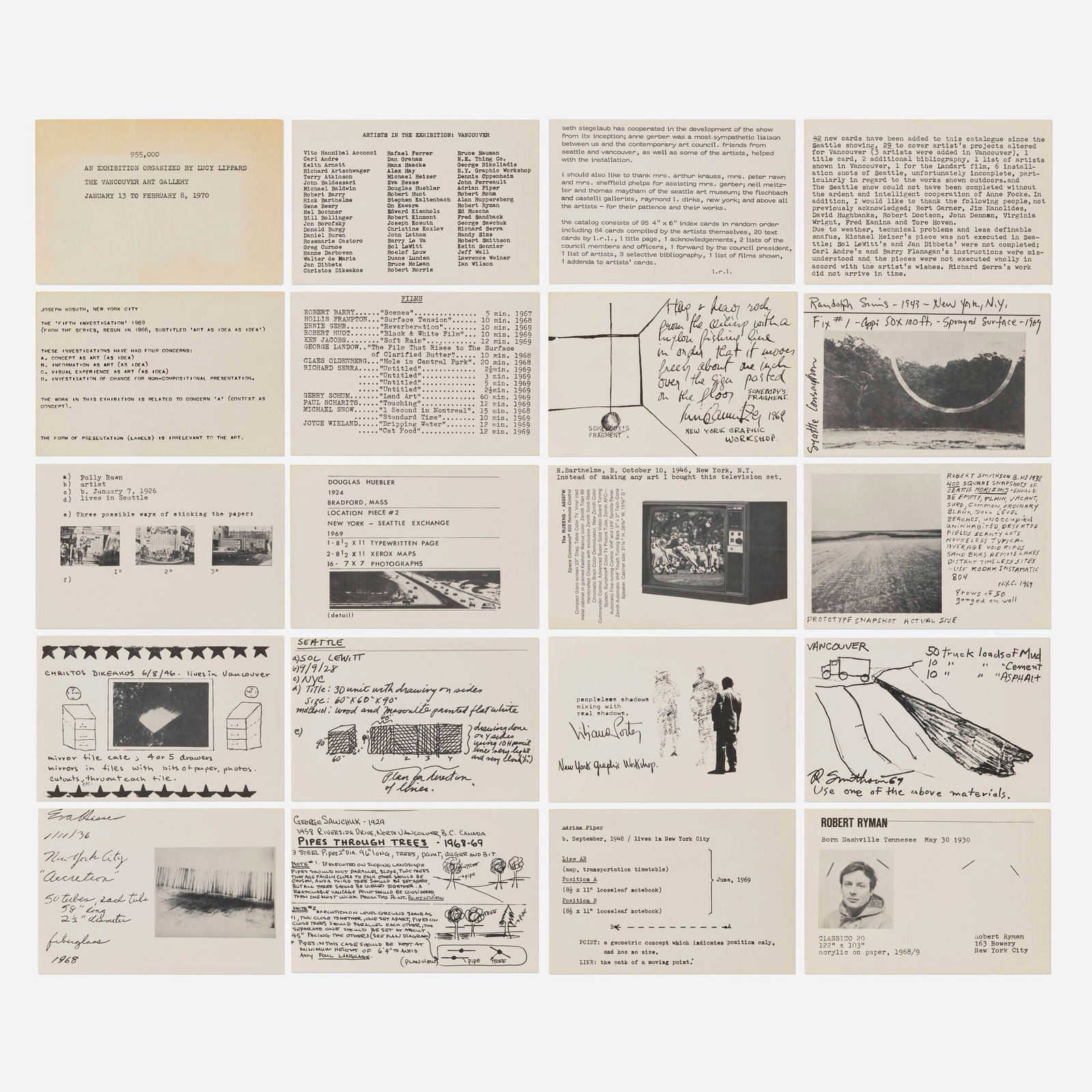 Various Artists, 955,000 exhibition catalogue: Various Artists 955,000 exhibition catalogue 1970 printed paper each: 4 h x 6.125 w in (10 x 16 cm) Work consists of a selection of index cards forming the catalogue for the exhibition 955,000 held
