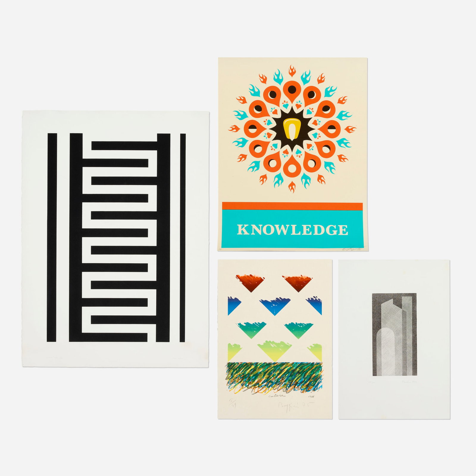 Various Artists, Four works: Various Artists Four works 1974; 1975; 2016 screenprint in colors on Fabriano; etching largest: 30.125 h x 22 w in (77 x 56 cm) smallest: 19.25 h x 13.5 w in (49 x 34 cm) Lot includes Nasso