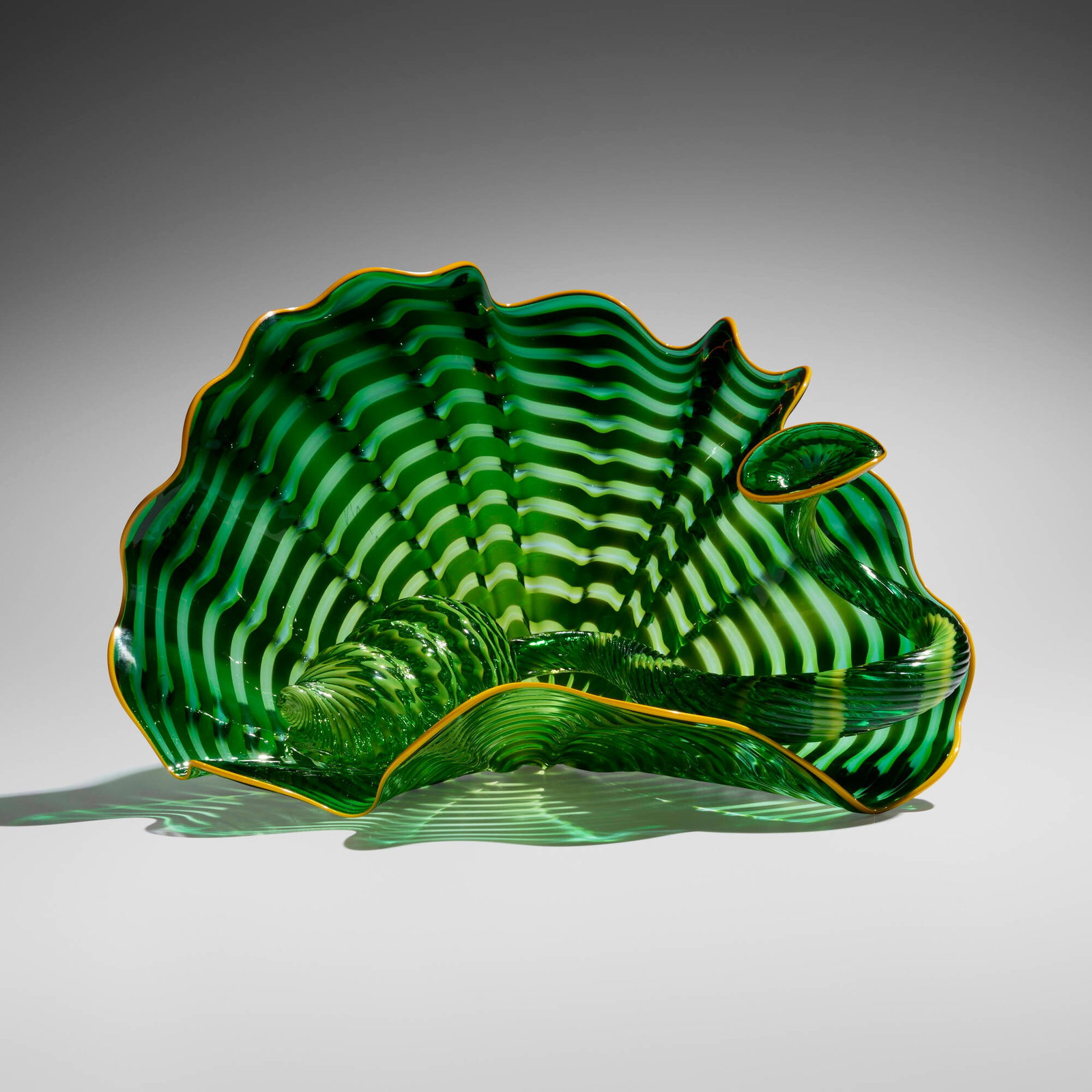 Dale Chihuly, Celtic Emerald Persian Pair: Dale Chihuly Celtic Emerald Persian Pair Portland Press 2007 hand-blown glass 7.5 h x 11.375 w x 9.625 d in (19 x 29 x 24 cm) Work is composed of two elements. Etched signature and date to underside