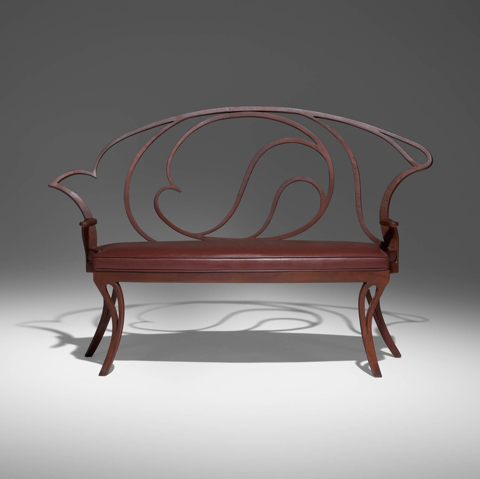 Carroll Bassett, Bench: Carroll Bassett Bench USA, 1986 patinated and lacquered steel, leather upholstery 34.75 h x 52.5 w x 19 d in (88 x 133 x 48 cm) Impressed signature and date to top of frame '1986 Bassett'.