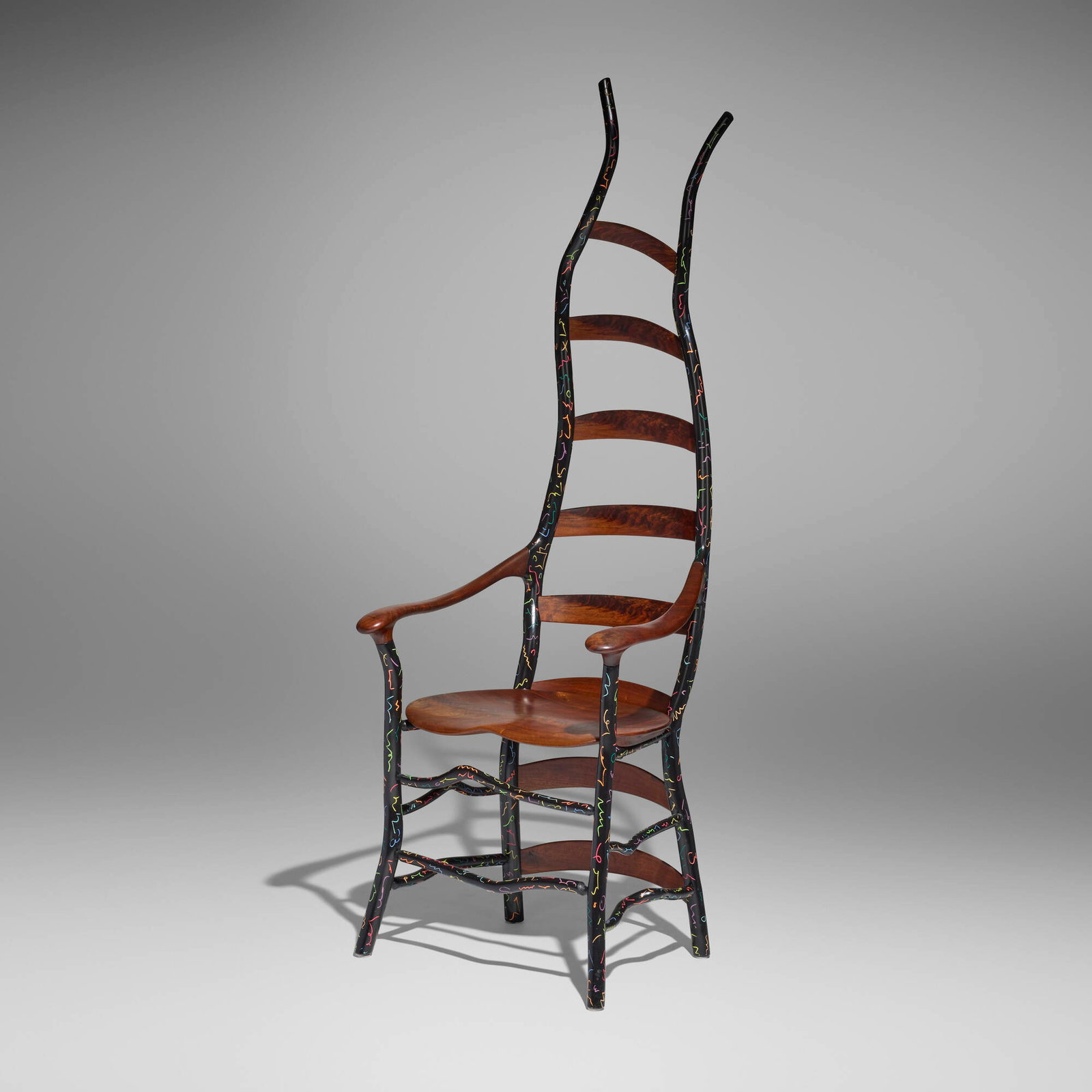 Jon Brooks, Ladderback chair: Jon Brooks Ladderback chair USA, 1997 walnut, lacquered wood, colored pencil 71 h x 25 w x 24 d in (180 x 63 x 61 cm) Incised signature and date to underside 'Jon Brooks 1997'. Provenance: